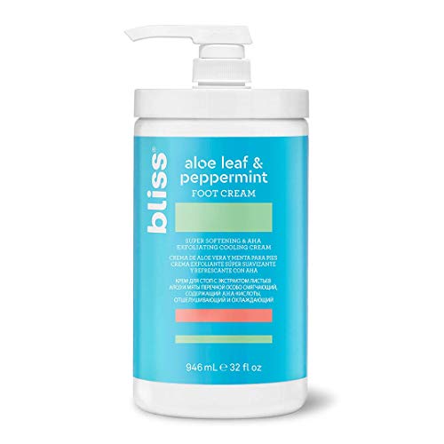 Bliss Aloe Leaf & Peppermint Foot Cream - Super Softening AHA Exfoliating & Cooling Moisturizer for Dry Cracked Feet | Vegan, Cruelty-Free, Paraben-Free Foot Care (32 oz) | Perfect for Pedicures, Post-Workout Recovery & Overnight Foot Treatment