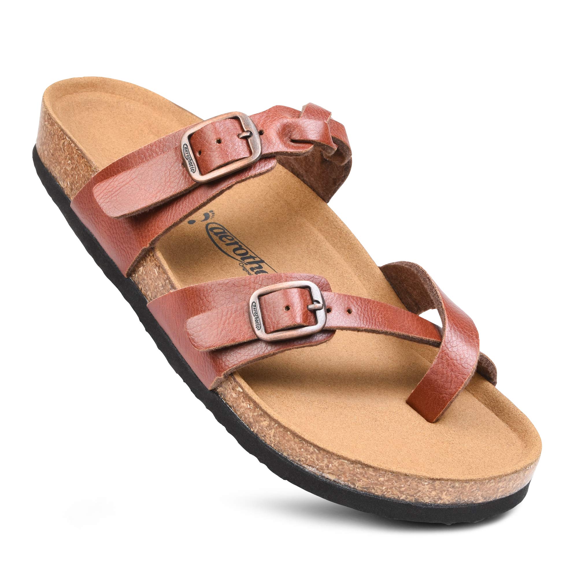 AEROTHIC Women's Strappy Slip-On Sandals with Memory Foam Cushion & Adjustable Buckle - Cork Footbed Slides for Outdoor Comfort & Arch Support - Perfect for Beach, Poolside, and Summer Walking