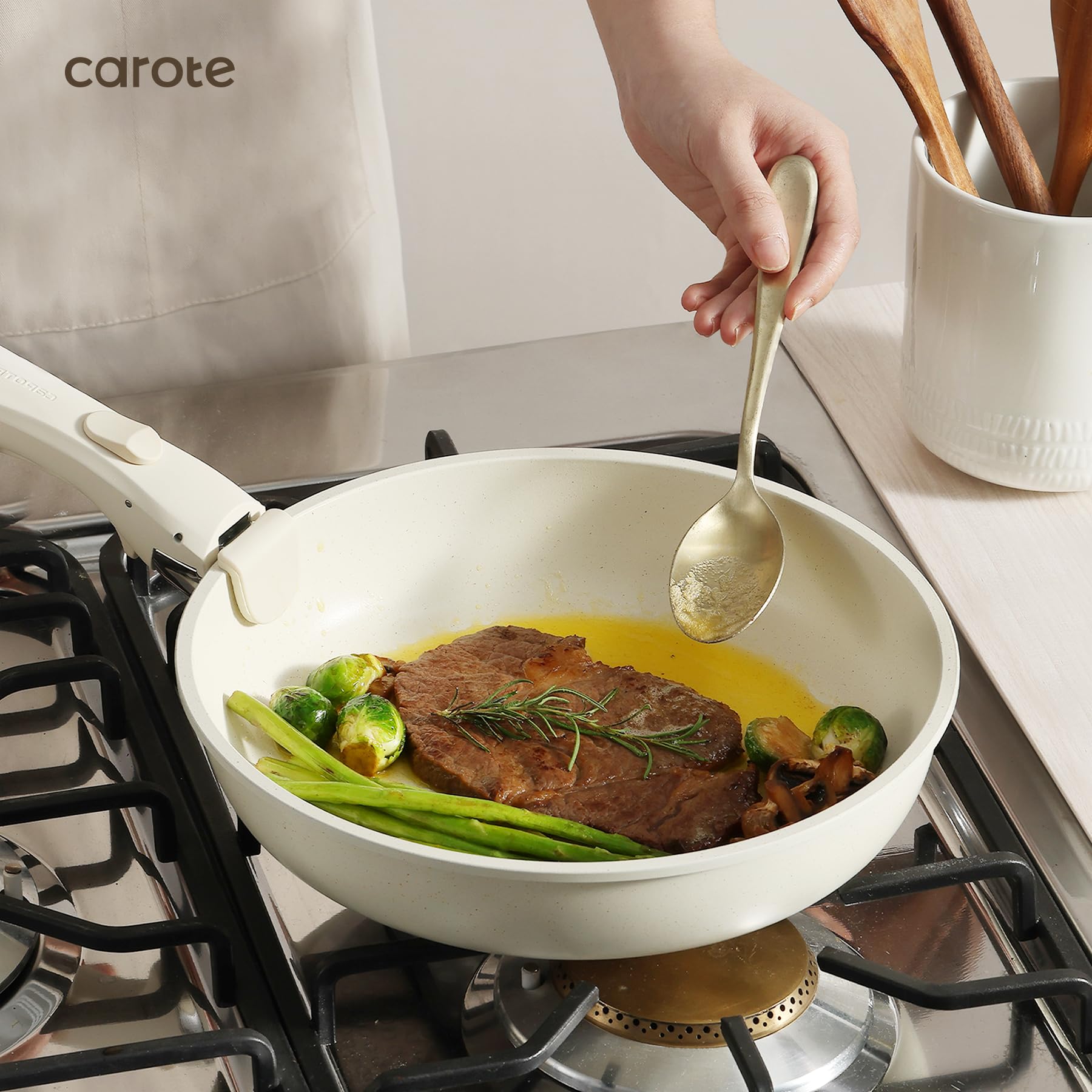 CAROTE Nonstick Cookware Set - 5-Piece Detachable Handle Pots and Pans Set, Oven Safe & Stackable Kitchen Cookware for RV, Camping, Small Spaces & Everyday Cooking (White)