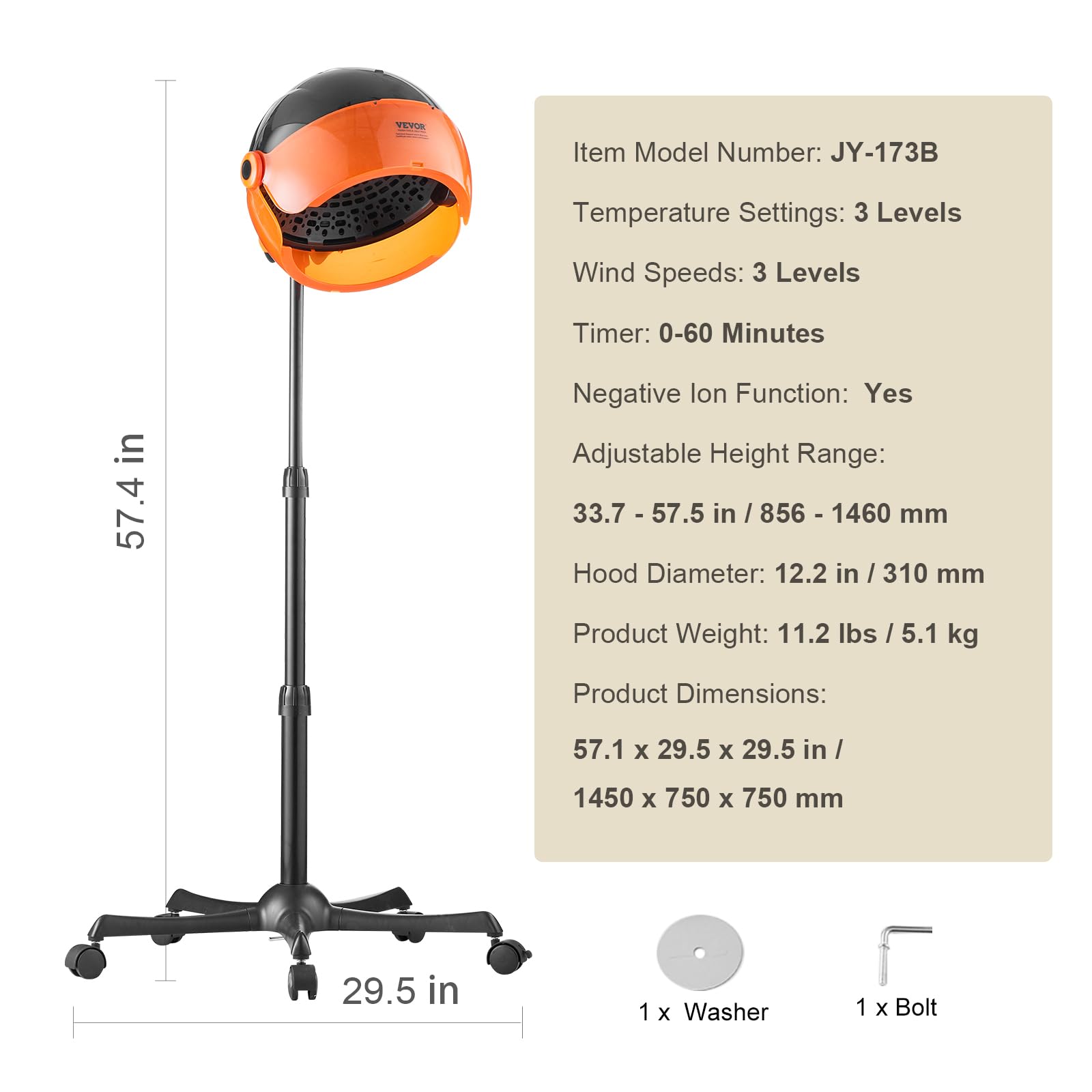 VEVOR 1875W Ionic Hooded Hair Dryer with Adjustable Speed & Temperature, Salon & Home Spa Hair Dryer with Timer - Perfect for Hair Styling, Drying & Deep Conditioning Treatments