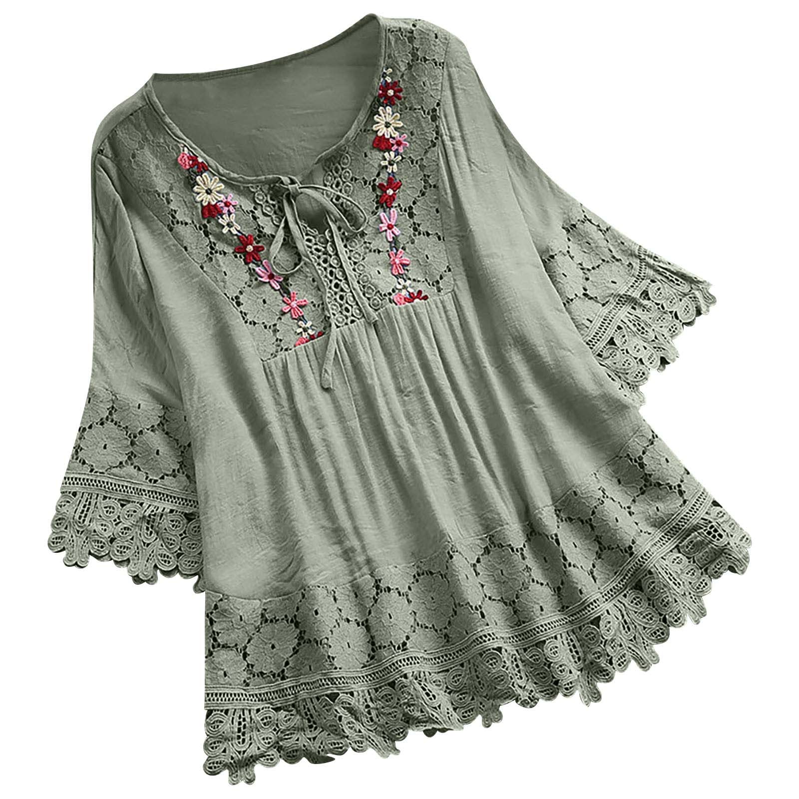 Boho Women's Cotton Linen Embroidered Flowy Shirt - Plus Size 3/4 Sleeve Crochet Blouse for Casual Wear | Perfect for Beach Outings, Summer Vacations & Boho-Chic Outfits