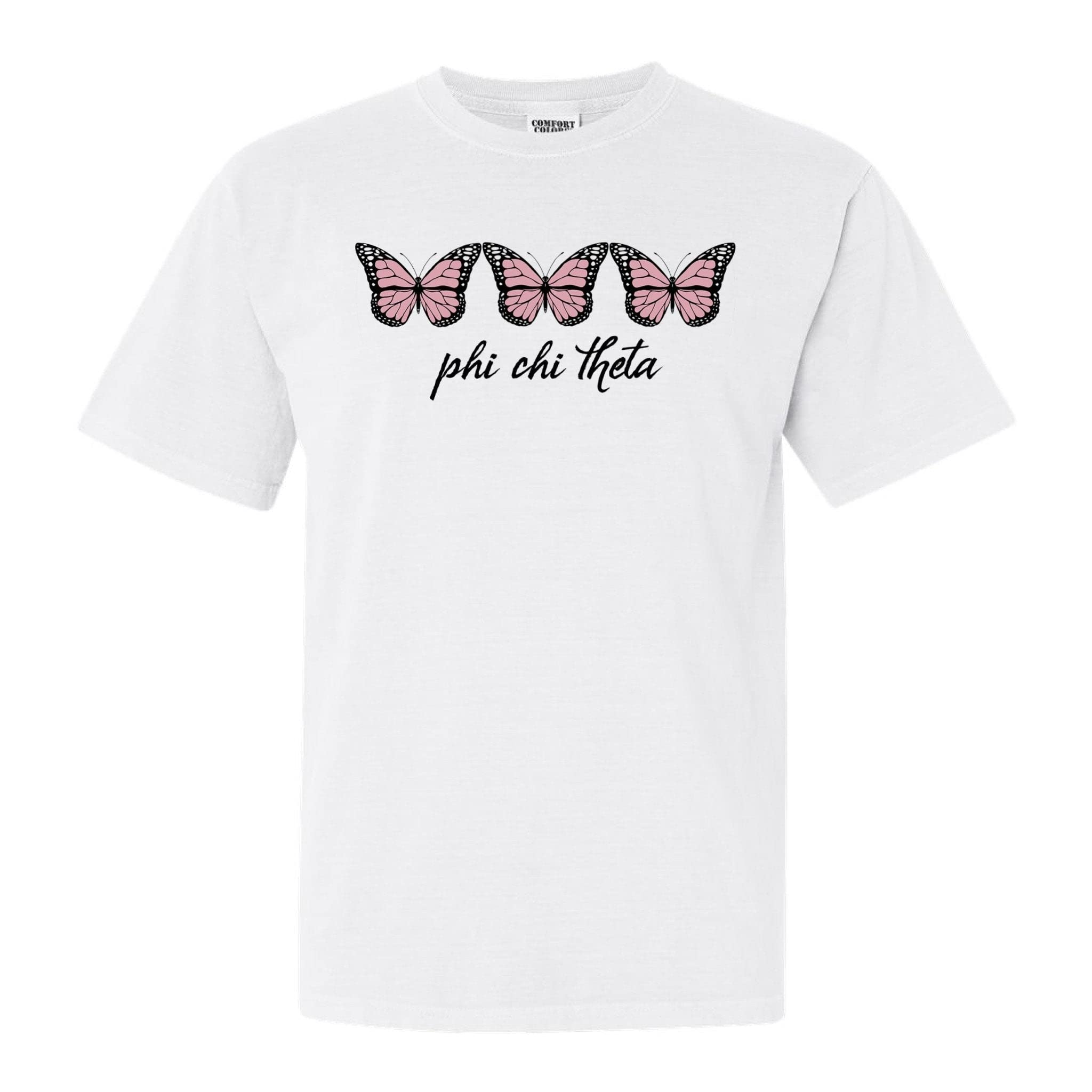 Phi Chi Theta Trendy Butterfly Comfort Colors T-Shirt | Soft Cotton Casual Tee for Sorority & College Life | Perfect for Campus Events, Greek Life, and Everyday Wear