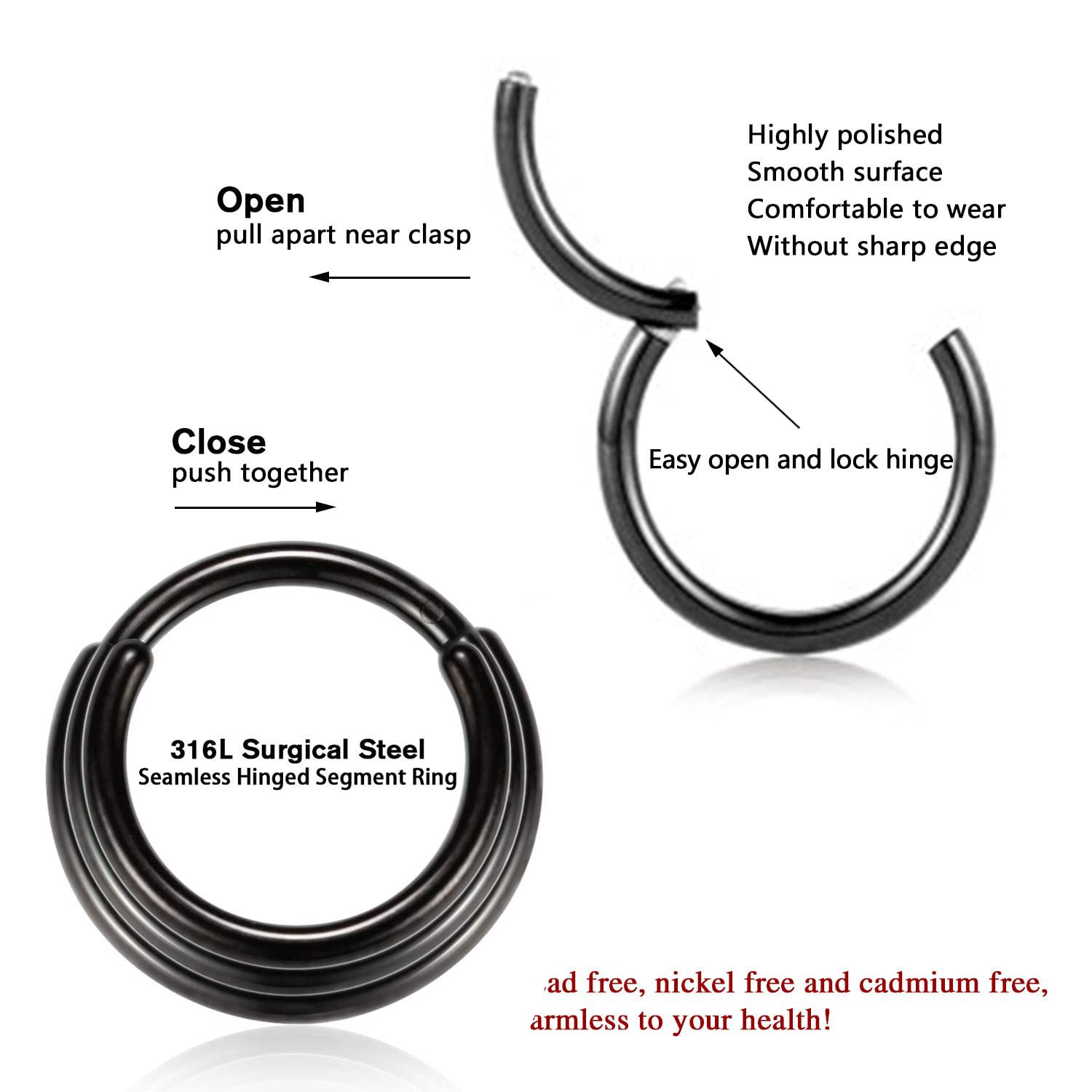 PEAKLINK 16G Septum Hoop Earrings - 316L Surgical Steel Daith, Conch, Tragus, Helix, Rook Piercing Jewelry - 2Pcs Seamless Clicker Nose Rings & Cartilage Hoops (8mm, 10mm) - Perfect for Everyday Wear, Parties & Body Piercing Enthusiasts