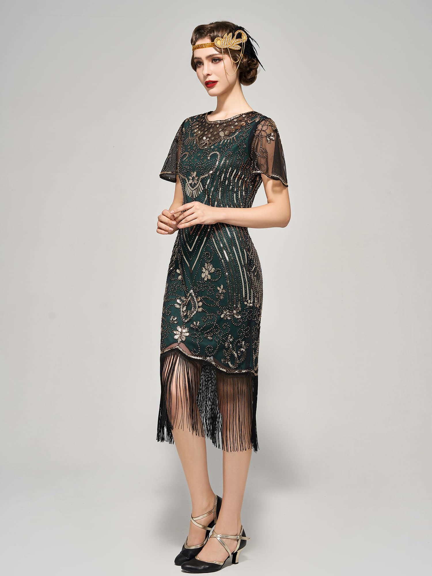 Vintage 1920s Flapper Dresses for Women - Roaring 20s Gatsby Style Sleeve Dress with Crew Neck | Perfect for Harlem Nights, Themed Parties & Costume Events