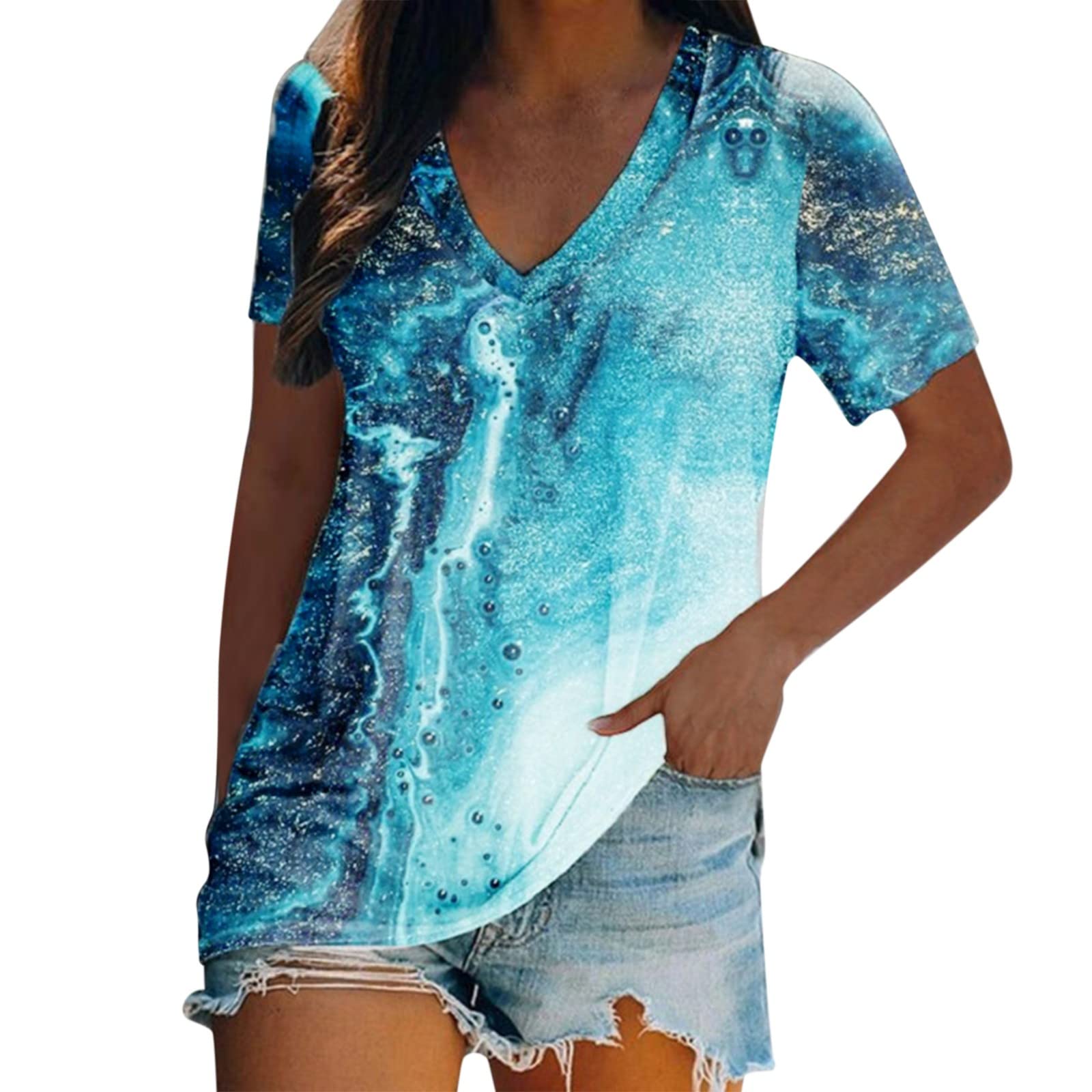 Oversized Tie-Dye V-Neck T-Shirt for Women - Soft Short Sleeve Casual Top with Printed Design | Perfect for Summer Outfits, Beach Wear & Relaxing at Home
