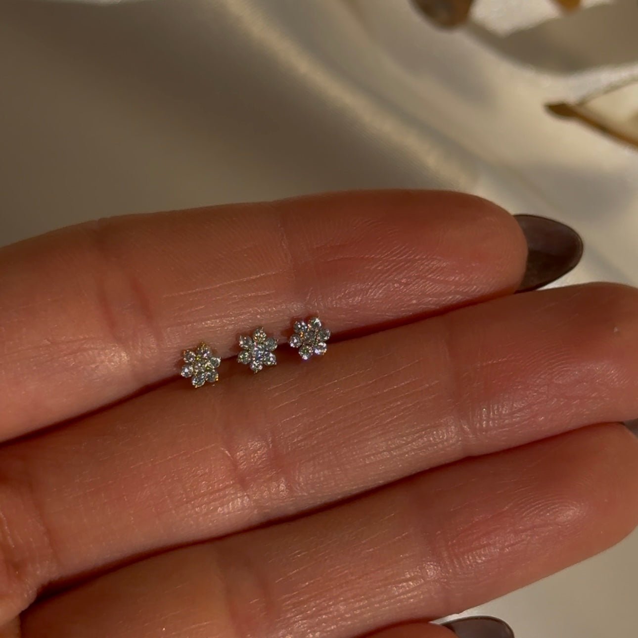 14k Yellow Gold Seven Diamond Flower Flat Back Stud Earrings - Elegant Floral Jewelry for Women, Perfect for Weddings, Parties & Everyday Wear