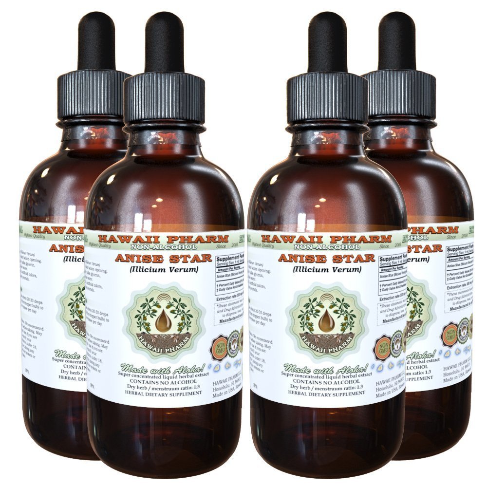 Organic Anise Star Alcohol-Free Liquid Extract (Illicium verum) - Natural Herbal Glycerite Supplement by Hawaii Pharm - 4x4 oz - Perfect for Tea, Baking & Digestive Support