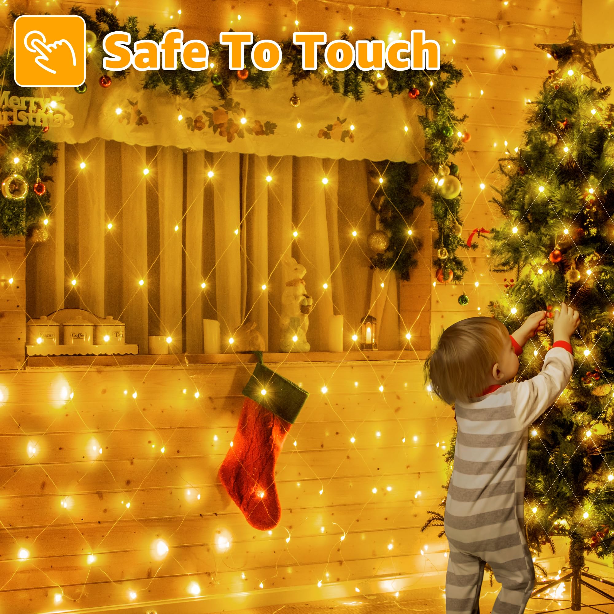 Ollny 200 LED 3m x 2m Waterproof Mesh Fairy Lights with 8 Modes & Timer - Indoor/Outdoor String Lights for Christmas Tree, Garden, Window, Curtain Decor - Warm White - Perfect for Holiday, Wedding, and Party Lighting