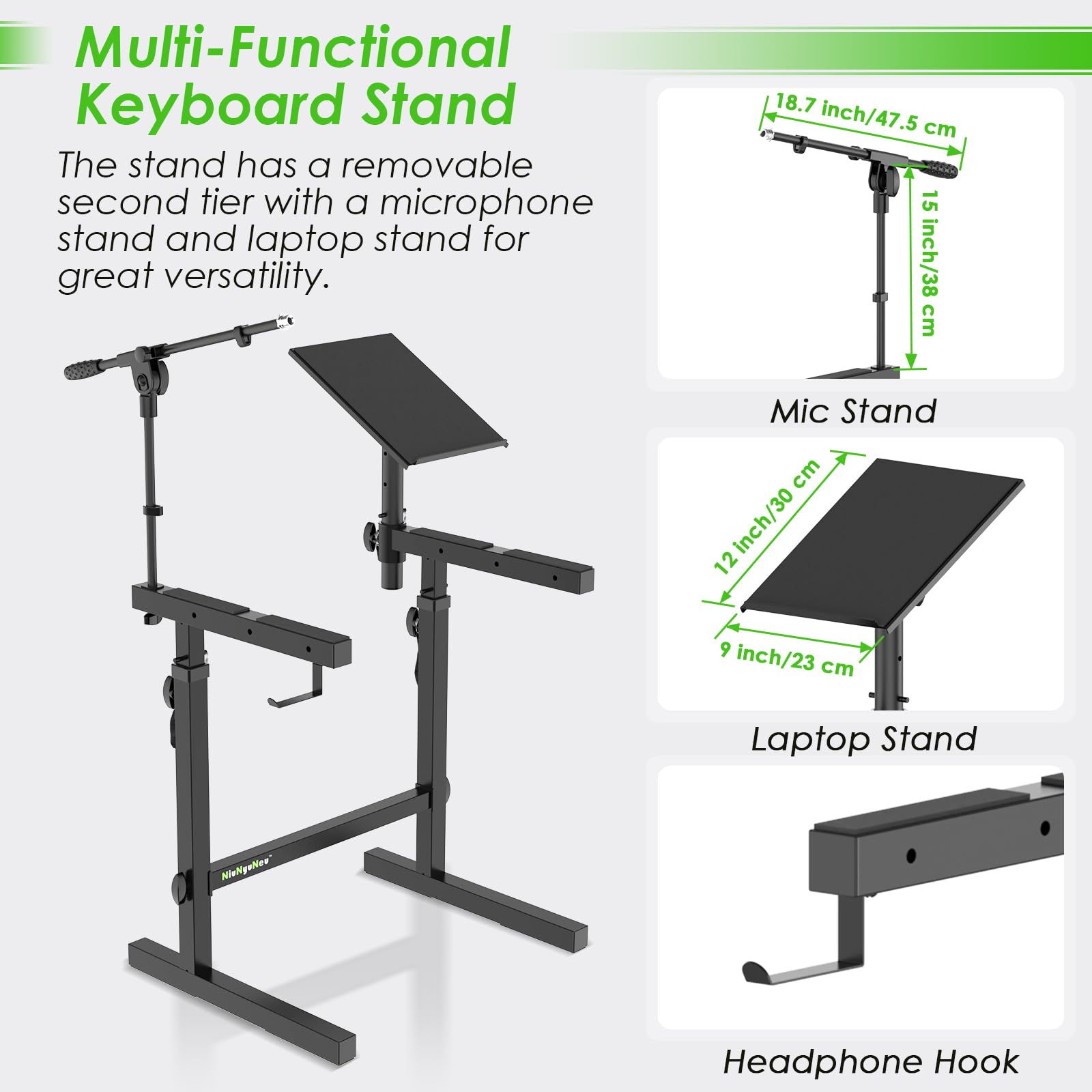 Heavy Duty Multi-Functional Keyboard Stand with Adjustable Piano Stand, Microphone Holder & Laptop Tray - Perfect for Home Studio, Live Performances & Music Practice