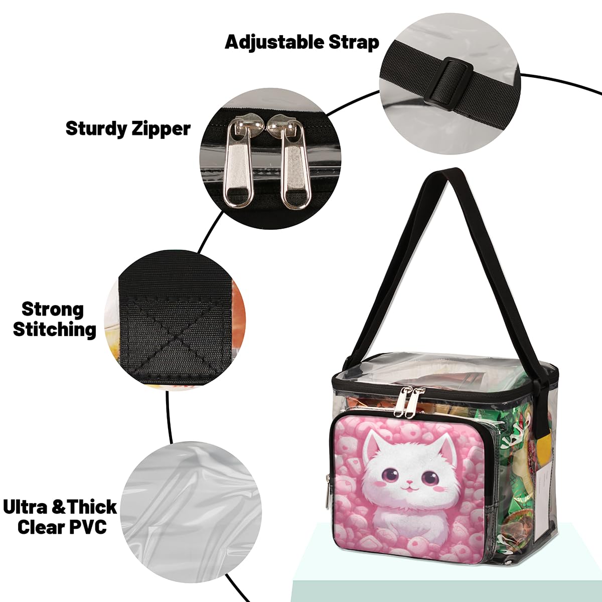 GzLeyigou Pink Cute Kitten Clear Tote Bag with Handles - Transparent Crossbody Shoulder Purse for Women, White Cat Design Lunch Bag | Perfect for Outdoor Travel, Picnic, Concerts, Sports Events & Stadium Approved | Waterproof & Lightweight Daily Essentials Carrier