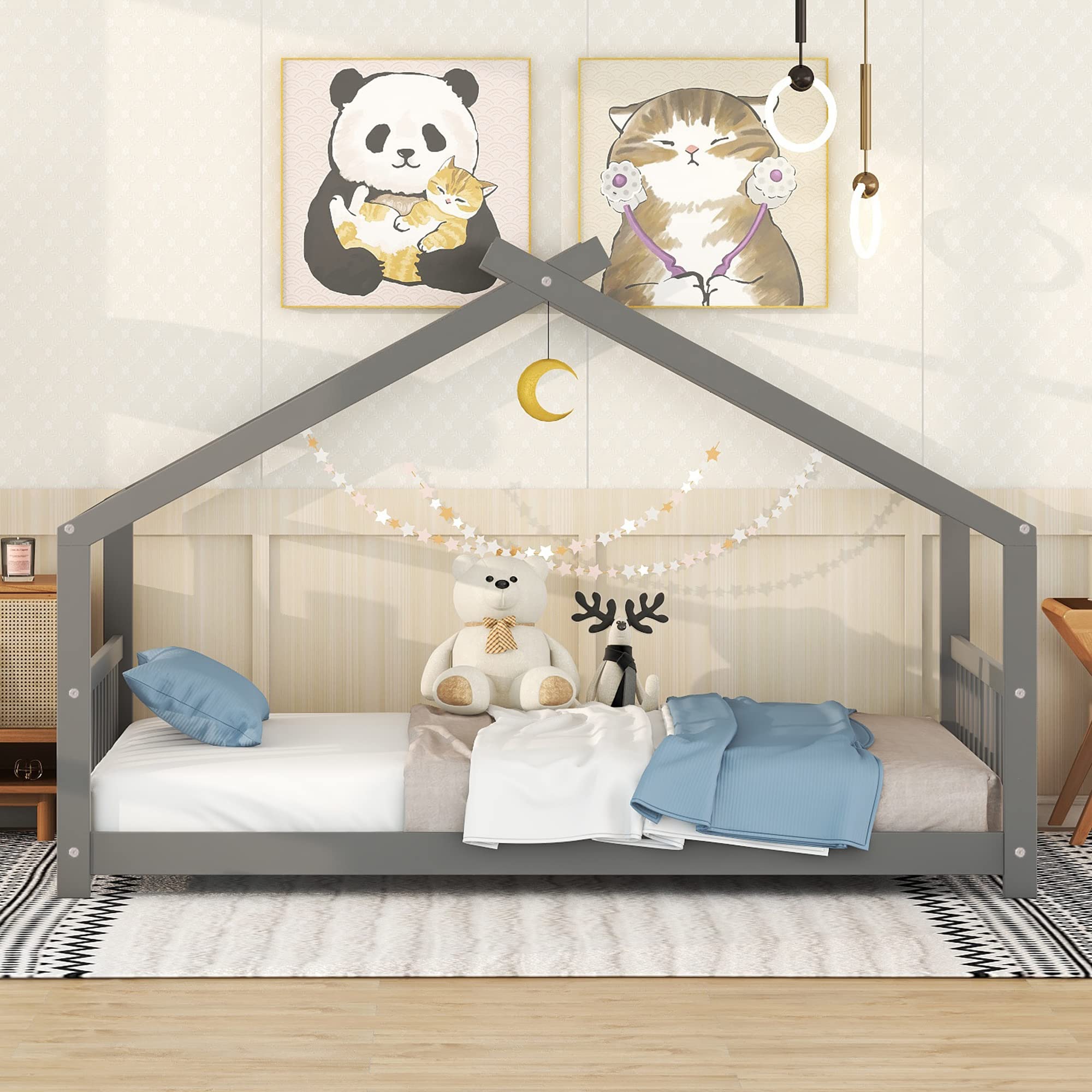 Montessori Kids Bed Frame - Full Size Wood Platform Bed with Headboard & Footboard for Boys, Girls & Teens | Gray House Bed for Children's Room, Playroom & Dormitory