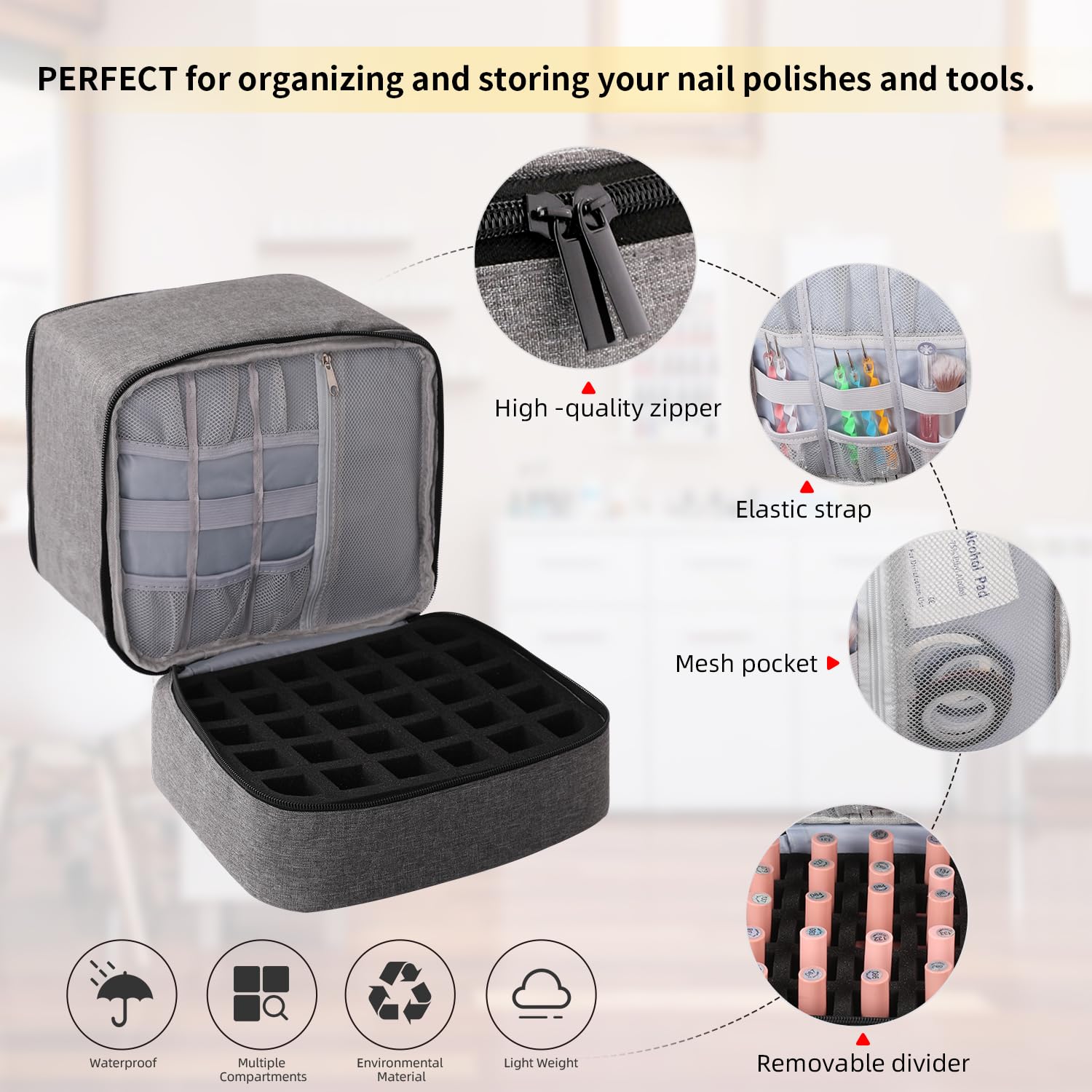 30 Bottle Travel Nail Polish Organizer - Double Layer Portable Storage Case for 15ml Nail Varnish & Manicure Set - Perfect for Salon Professionals & Home Manicures