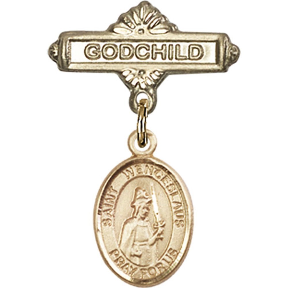 Gold Filled Baby Badge with St. Wenceslaus Charm - 1 X 5/8 Inch Godchild Pin for Christening, Baptism & Baby Shower Gifts - Religious Jewelry for Newborns & Infants