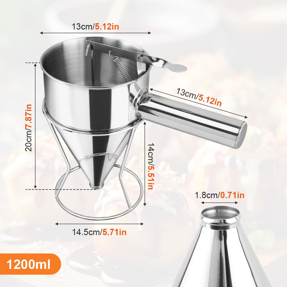 Stainless Steel Pancake Batter Dispenser with Squeeze Handle & Stand - 1200ml Funnel Cake & Takoyaki Balls Tool for Pancakes, Cupcakes, Donuts, Waffles - Perfect for Breakfast, Desserts & Party Cooking