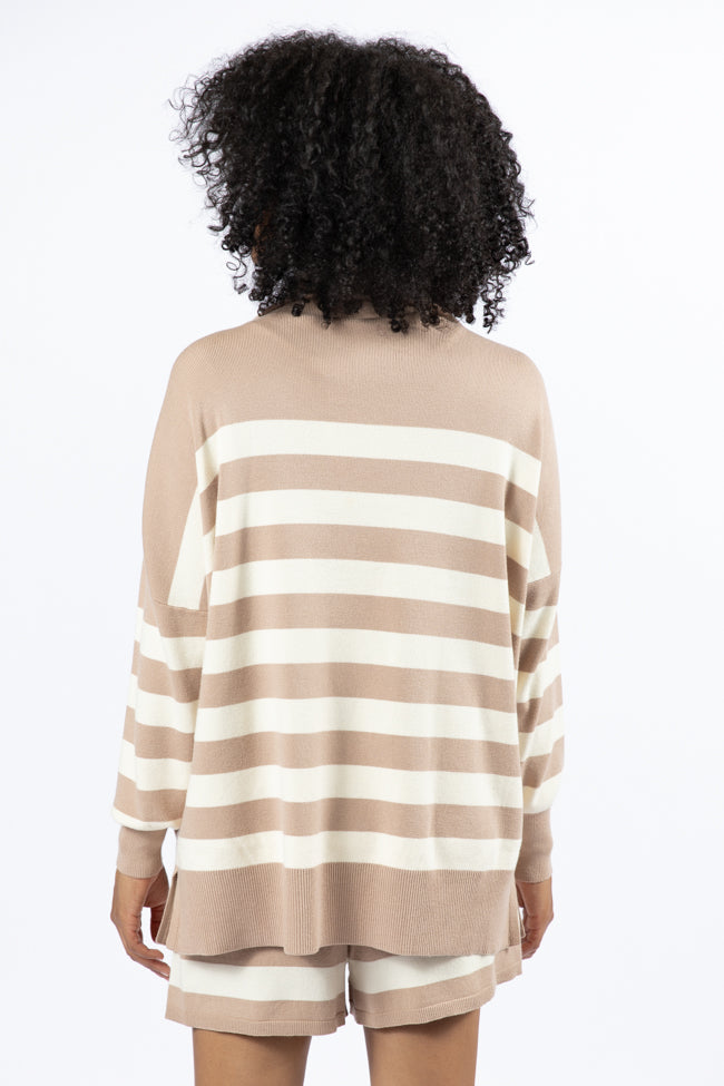 Taupe and Cream Striped Quarter Zip Pullover Sweater - Cozy Casual Wear for Fall & Winter | Perfect for Layering, Outdoors & Office
