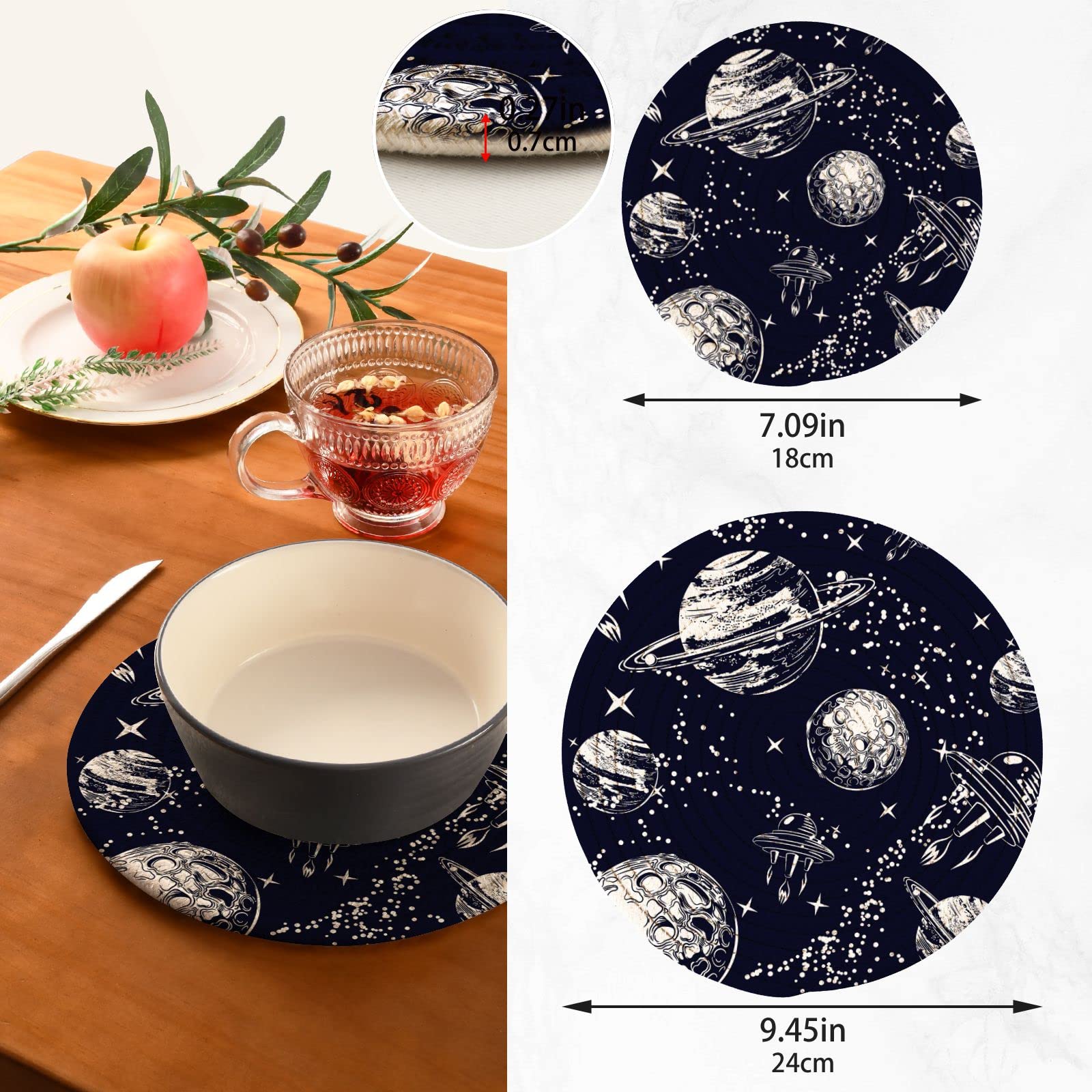 Cosmic Planets & Spaceships Kitchen Pot Holders Set of 2 - Heat Resistant Cotton Round Potholders with Thread Weave Design - Perfect for Cooking, Baking & New Home Gifts