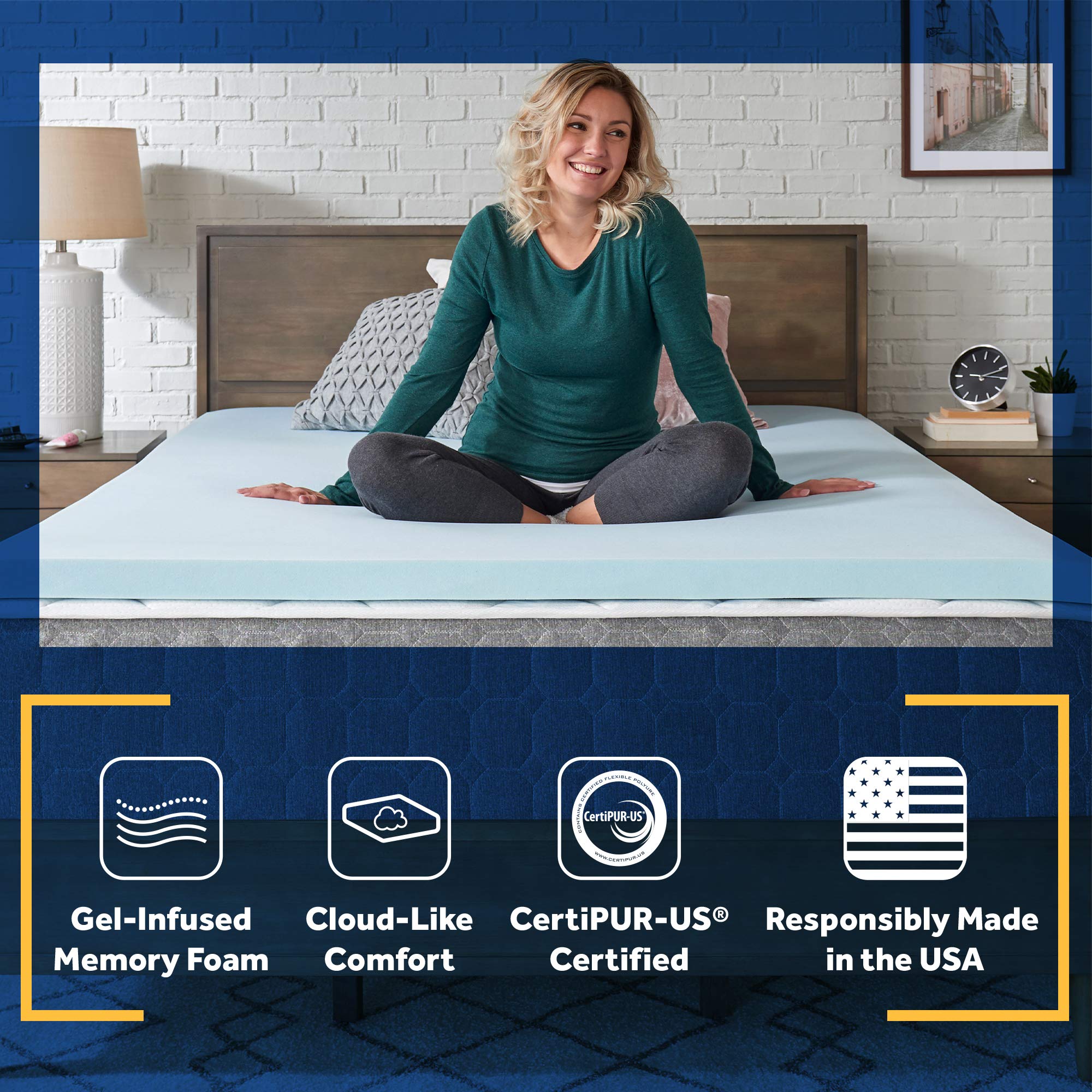Sealy TrueForm 2 Inch Twin XL Memory Foam Mattress Topper with Gel Infused Technology - Body Contouring Support & Cooling Moisture Wicking Fabric - Perfect for Hot Sleepers & Pressure Relief - Blue - Ideal for Dorm Beds, Guest Rooms & Home Comfort Upgrade
