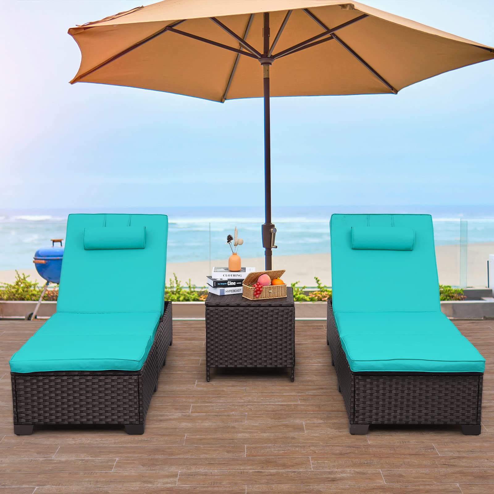 Outdoor PE Wicker Chaise Lounge Set of 3 - Adjustable Brown Rattan Recliners with Turquoise Cushions & Storage Table - Patio, Poolside, Garden Furniture for Relaxing Outdoors