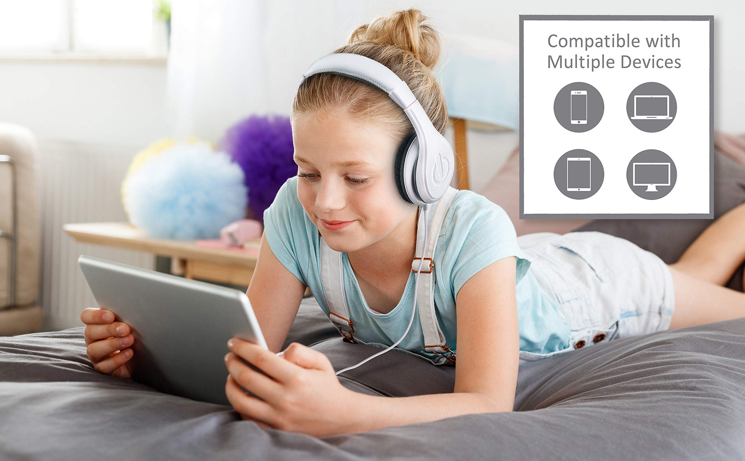 eKids Wired Over-Ear Headphones for Children - Stereo Sound, 3.5mm Jack, Tangle-Free Cord & Volume Limiting - Perfect for Travel, School & Home Use (White)