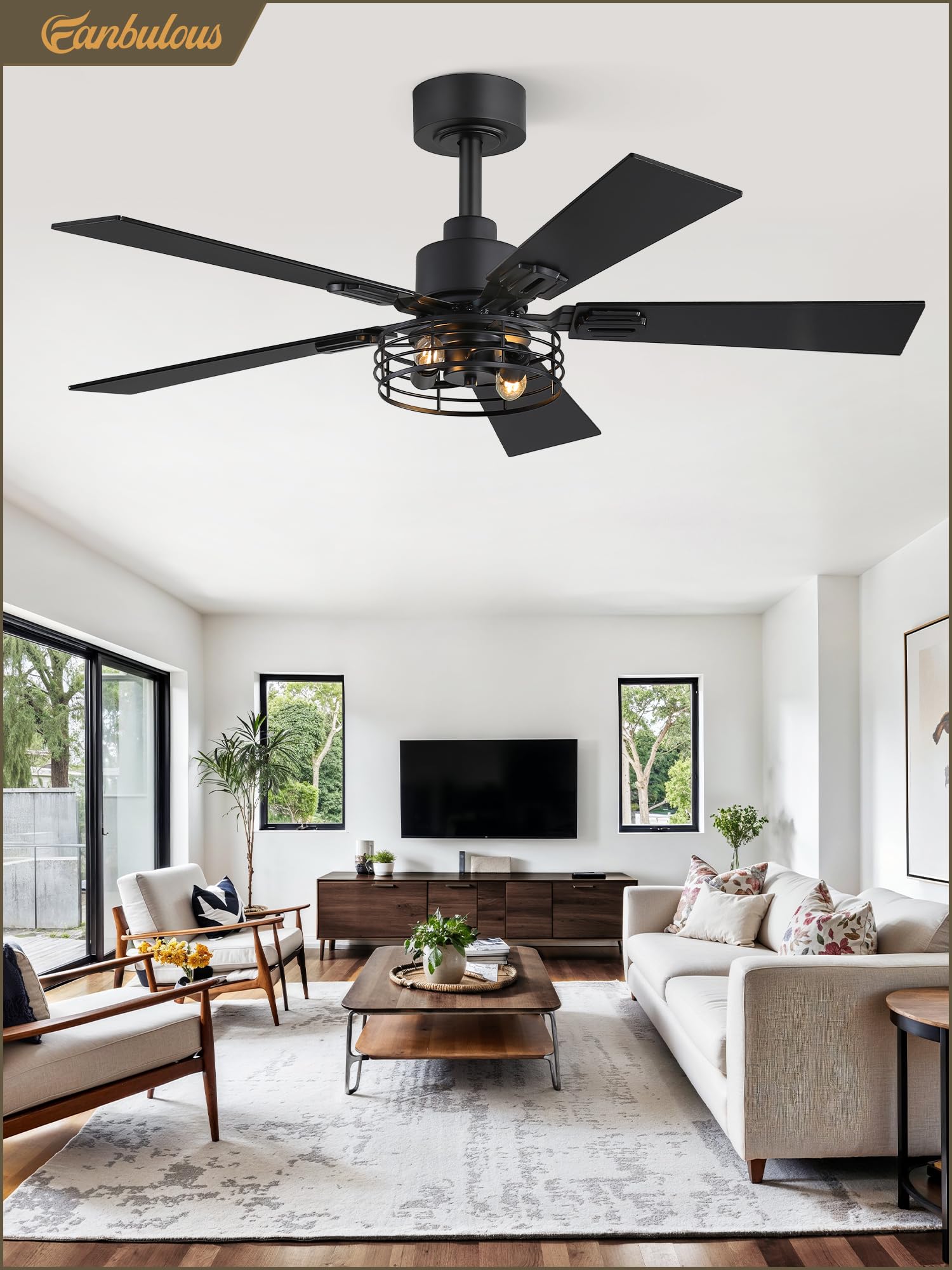 2 Pack Black Industrial Caged Ceiling Fan with Light - 42 Inch Farmhouse Style Rustic Ceiling Fan with 5 Double-Sided Blades - Perfect for Bedroom, Living Room, Patio & Indoor Outdoor Use