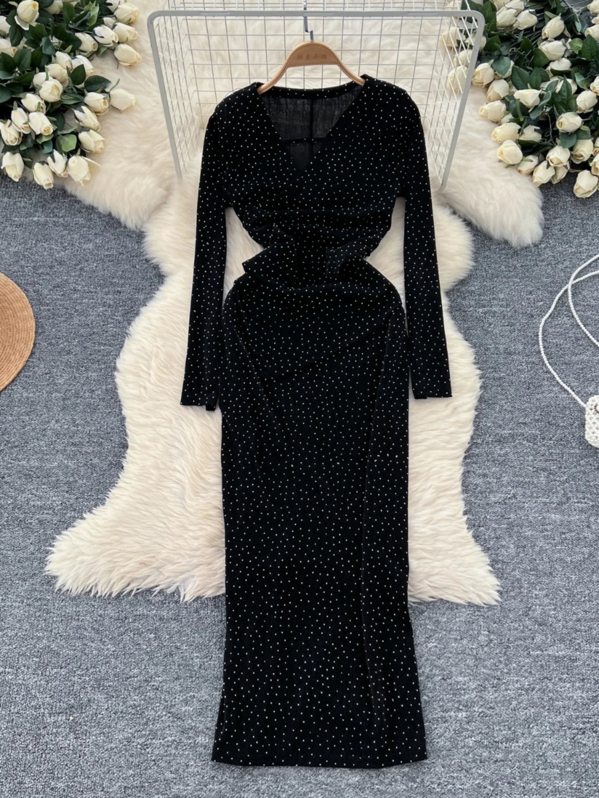 2024 Autumn Women's Fashion Elegant V-Neck Long Sleeve Slim Evening Dress - Black/Red Diamonds & Gold Hollow Out Design | Perfect for Parties, Weddings & Formal Events