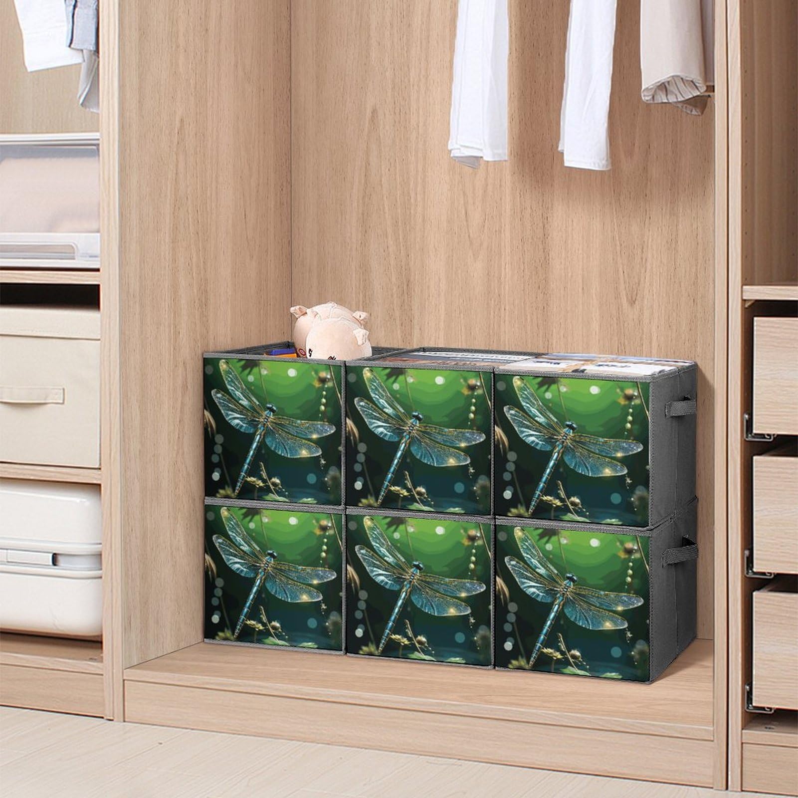 6-Piece Collapsible Storage Bins with Handles - Dragonfly Green Printed Foldable Organizing Baskets for Shelves, Closet, Kitchen & Home Organization - Space Saving Storage Containers for Toys, Books, Laundry & Household Items