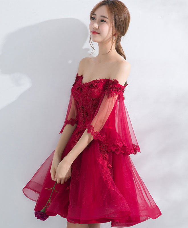 Elegant Burgundy Off Shoulder Tulle Lace Short Prom Dress for Homecoming, Party, and Special Occasions - Perfect for Dances, Weddings, and Formal Events