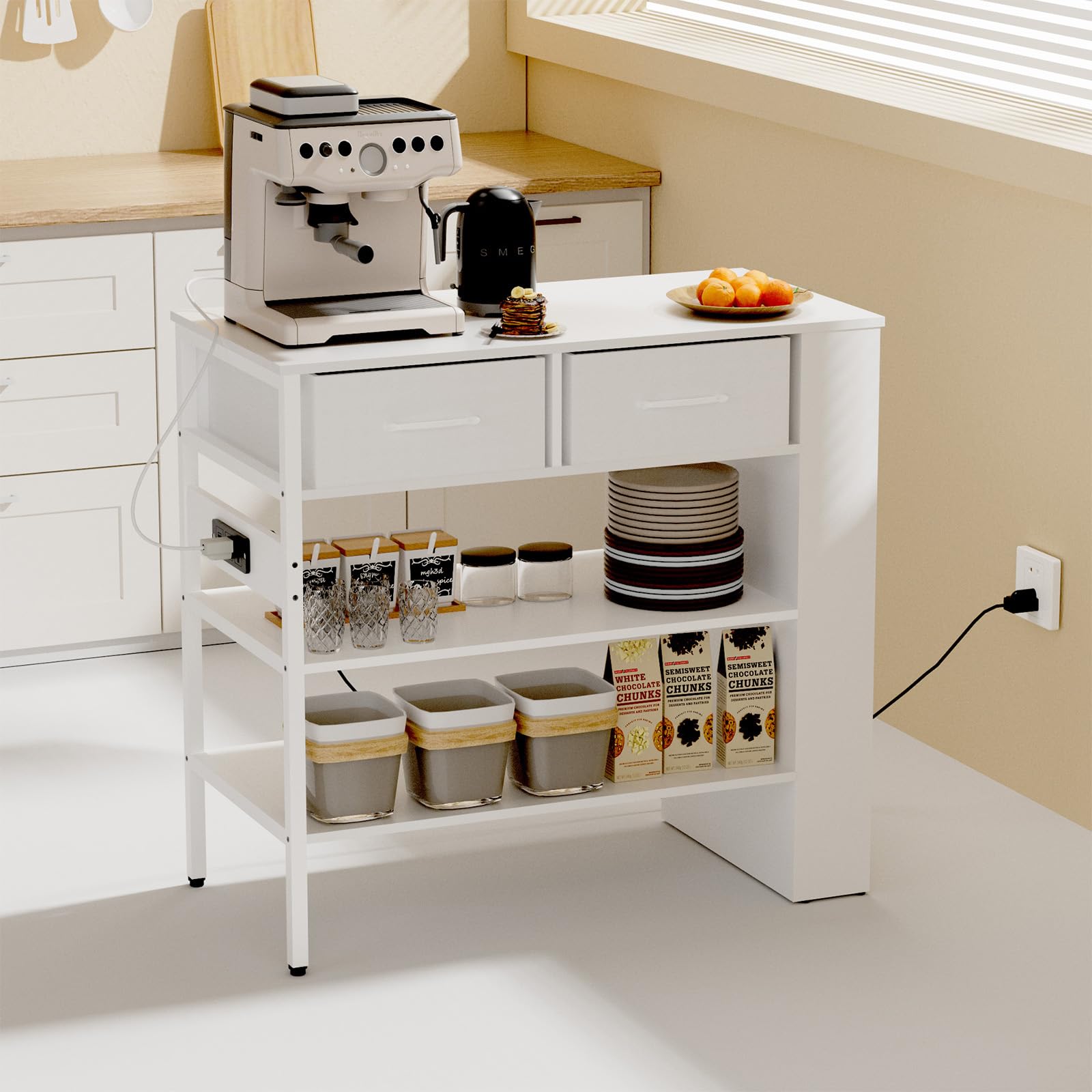 Modern White Kitchen Island with Open Storage Shelves, Spice Rack & Power Outlet - Versatile Bar Table for Cooking, Dining & Entertaining in Small Spaces