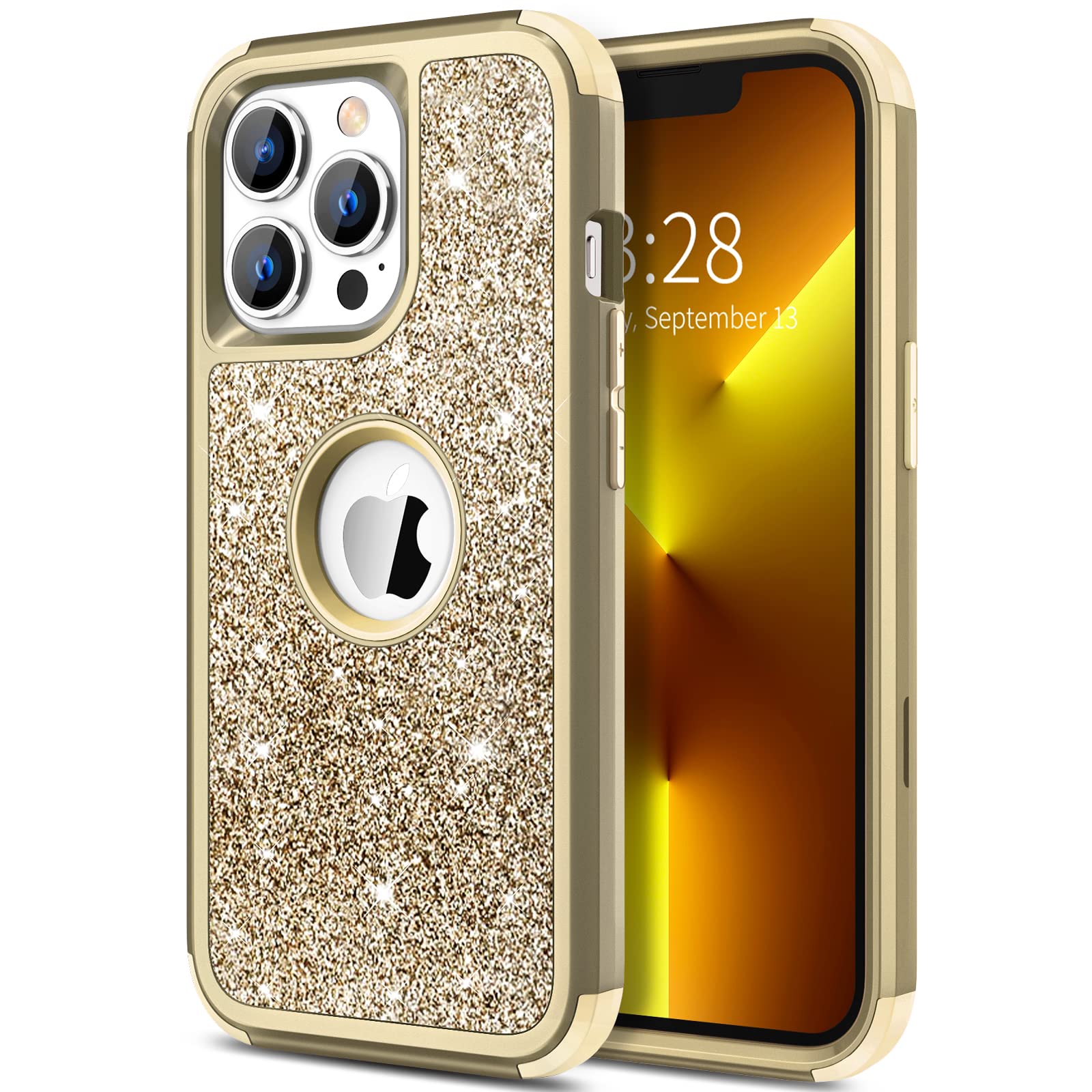 Hython Glitter iPhone 13 Pro Max Case - Heavy Duty 3-in-1 Hybrid Hard PC & Soft TPU Bumper with Full Body Shockproof Protection - Sparkle Bling Cover for Women & Girls (Gold) - Perfect for Daily Use, Parties & Gift Giving