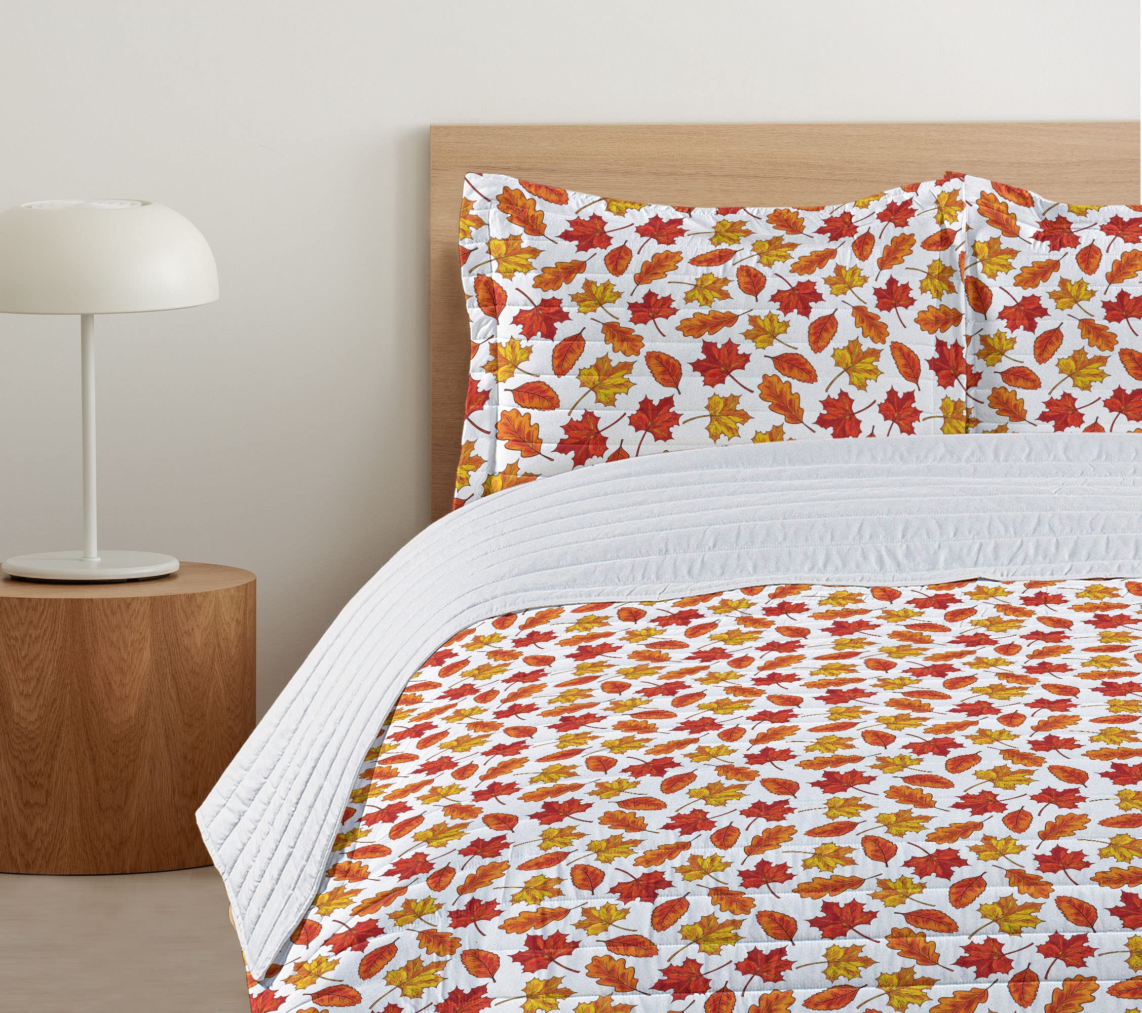 Ambesonne Maple Leaf Microfiber Bedspread Set - King Size Eco-Friendly Forest Silhouette Design in White Burgundy Yellow | Soft Comforter with Pillow Shams | Perfect for Fall Season Bedroom Decor & Cozy Autumn Nights