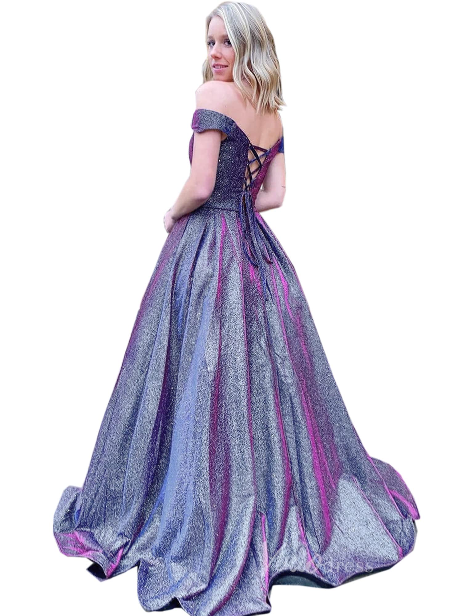 Elegant Off-the-Shoulder Glitter Prom Dress for Women - Formal Evening Gown with Pockets | Perfect for Homecoming, Wedding Guest & Cocktail Party