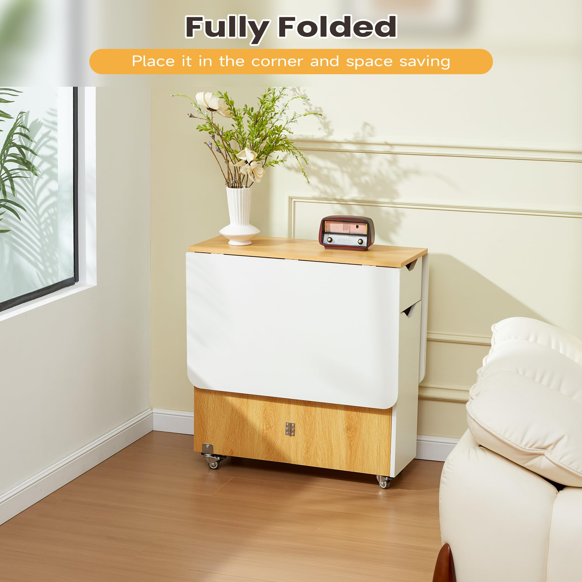 Space Saving Folding Dining Table with Lockable Wheels & Storage Drawer - Extendable Drop Leaf Kitchen Table for Small Apartments | Perfect for Compact Homes, Studio Living & Multi-Functional Dining Areas