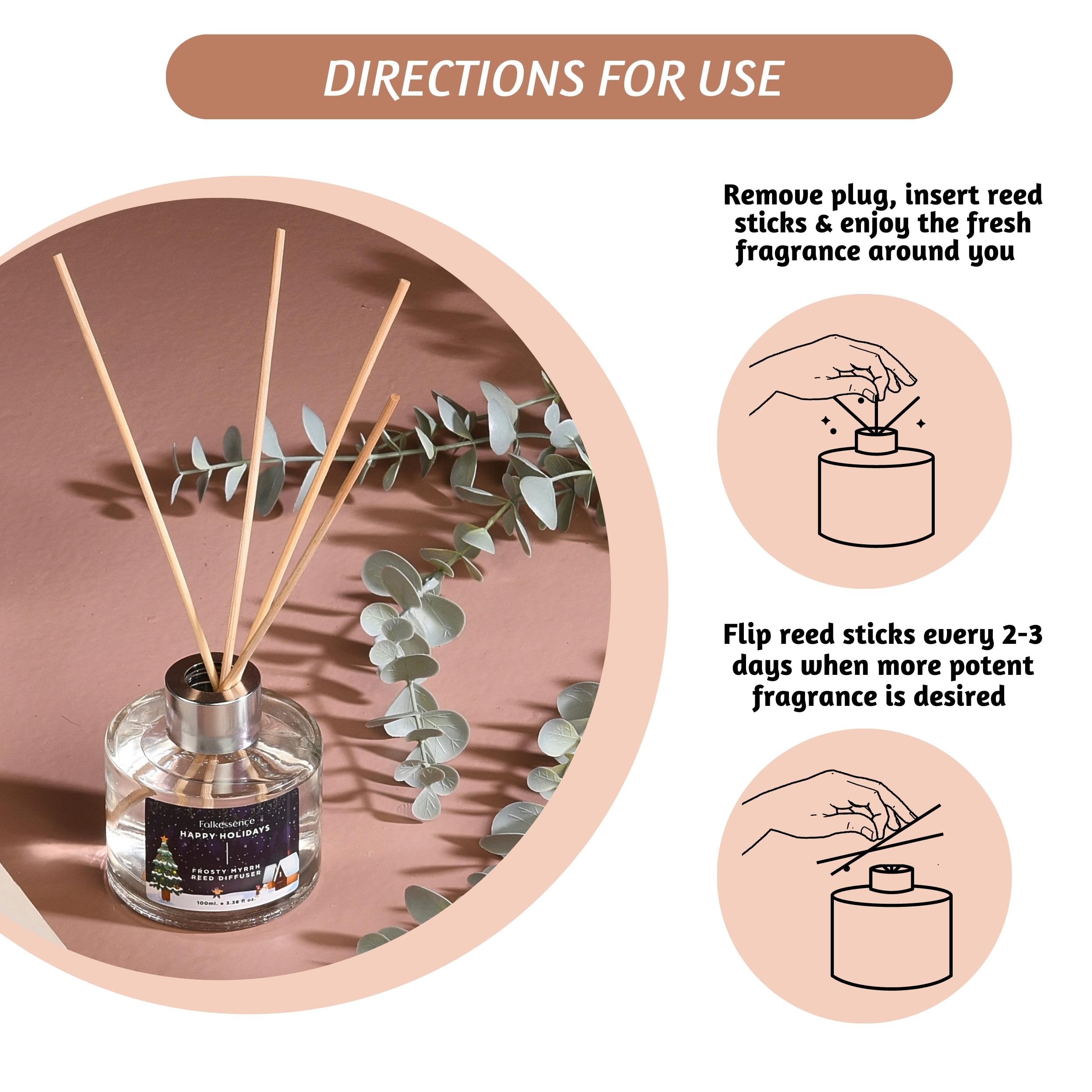 Folkulture Reed Diffusers for Home - 3.38 fl oz Aromatic Oil Diffuser with 6 Reed Sticks | Frosty Myrrh Scent | Perfect for Bathroom Decor, Living Room, Bedroom & Guest Bathroom Essentials