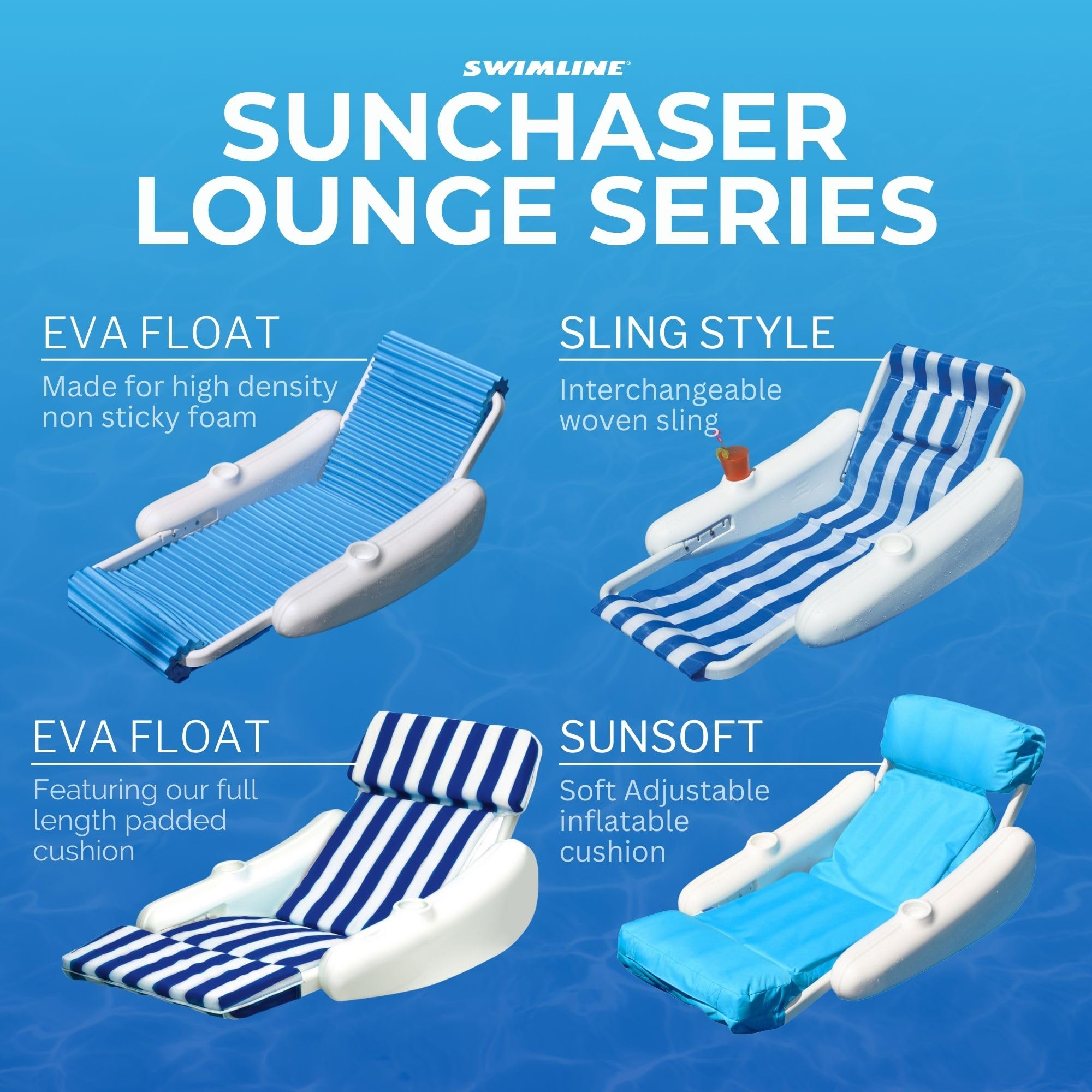 **SWIMLINE ORIGINAL 10010M Sunchaser Padded Luxury Lounge Chair Pool Float – Molded Frame & Pontoon Design for Adults | Comfortable Pool Lounger & Inflatable Pool Accessories | Perfect for Relaxing by the Pool, Beach, or Lake**
