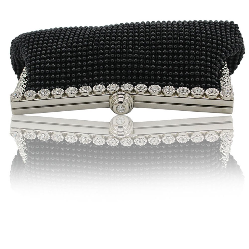 Kingluck Women's Elegant Aluminum Framed Clutch Bag with Satin Lining & Pearl Accents - Perfect for Evening Parties, Weddings & Special Occasions (Black)