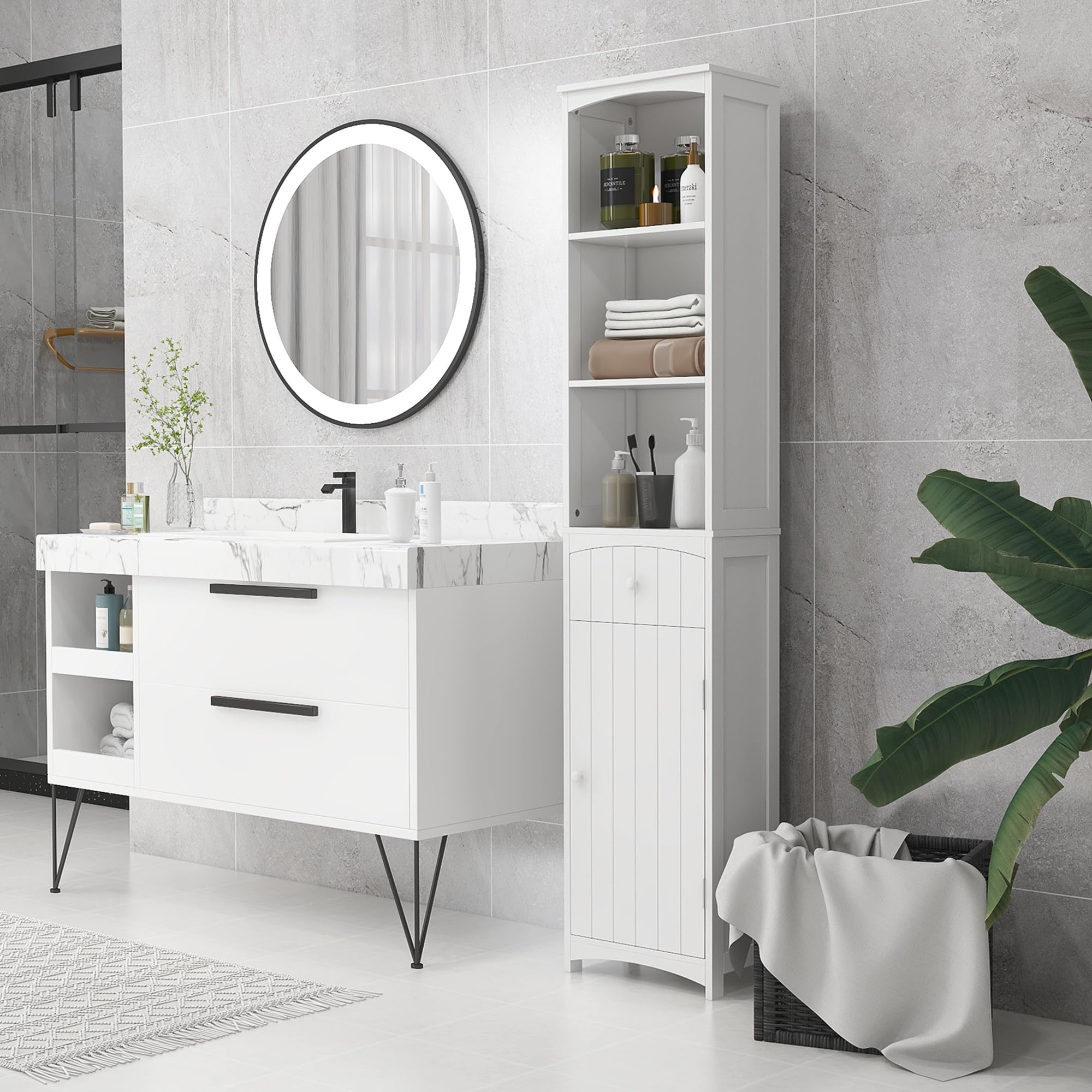 HOMCOM White Bathroom Storage Cabinet - 3-Tier Shelves with Drawer, Freestanding Linen Tower for Bathroom Organization | Perfect for Small Spaces, Apartment Storage & Bathroom Decor