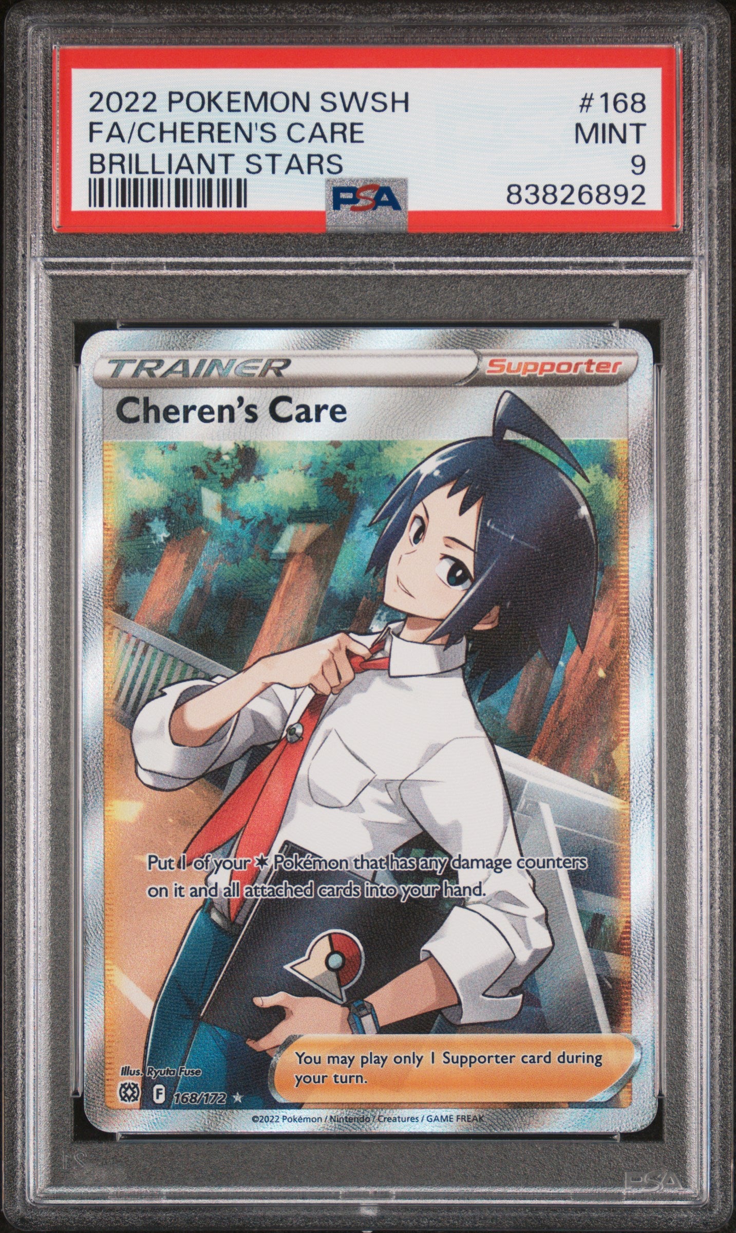 2022 Pokemon Sword & Shield Brilliant Stars Full Art Cheren's Care #168 PSA 9 Graded Card - Perfect for Collectors, Gaming & Investment