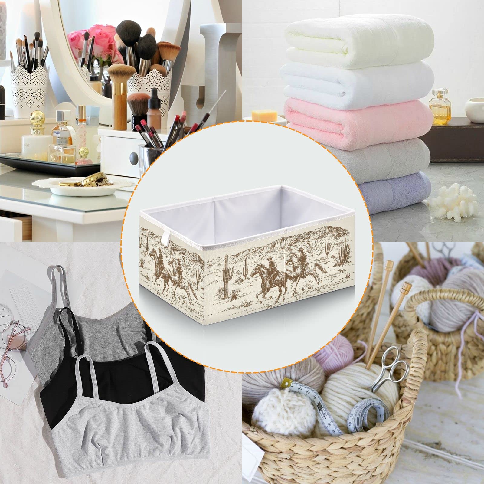 Western Desert Cowboy Style Foldable Storage Basket - 15.8 x 10.6 x 7 Inches Cube Organizer Bin for Home Decor, Toys, Books, Shelves, Closet & Laundry | Perfect for Nursery, Living Room & Western Themed Decor