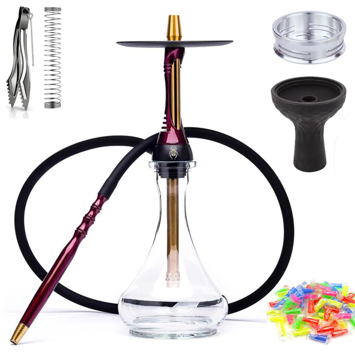 Premium Stainless Steel Hookah Set with Glass Vase, Silicone Bowl & Hose - Complete Shisha Kit with Tongs & Accessories (White) for Home Parties, Lounges & Relaxation