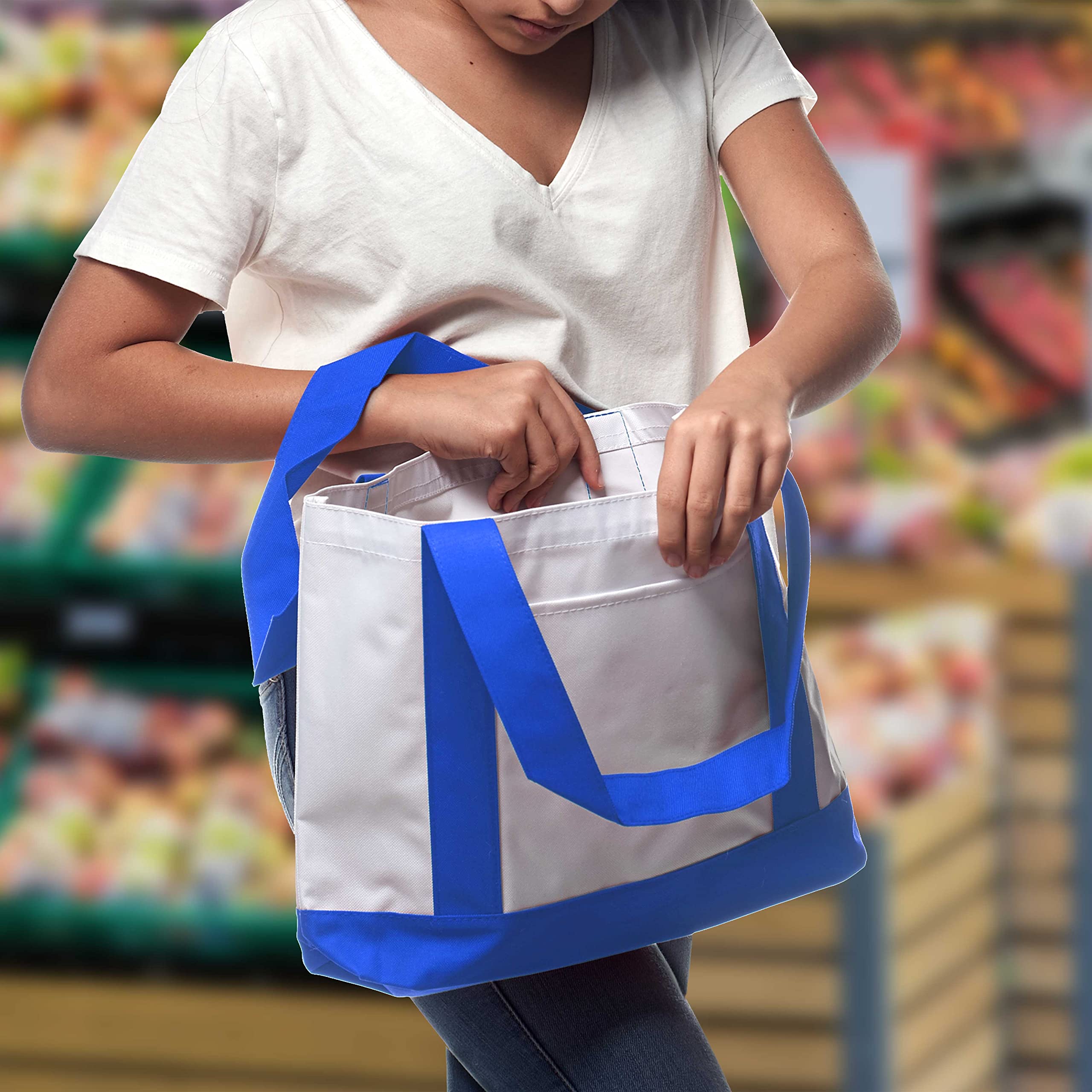 10 Pack Canvas Shoulder Tote Bags - Durable Polyester with Reinforced Straps & Front Pocket - Fashionable Blue Handbags for Women - Perfect for Shopping, Beach, Work & Daily Use