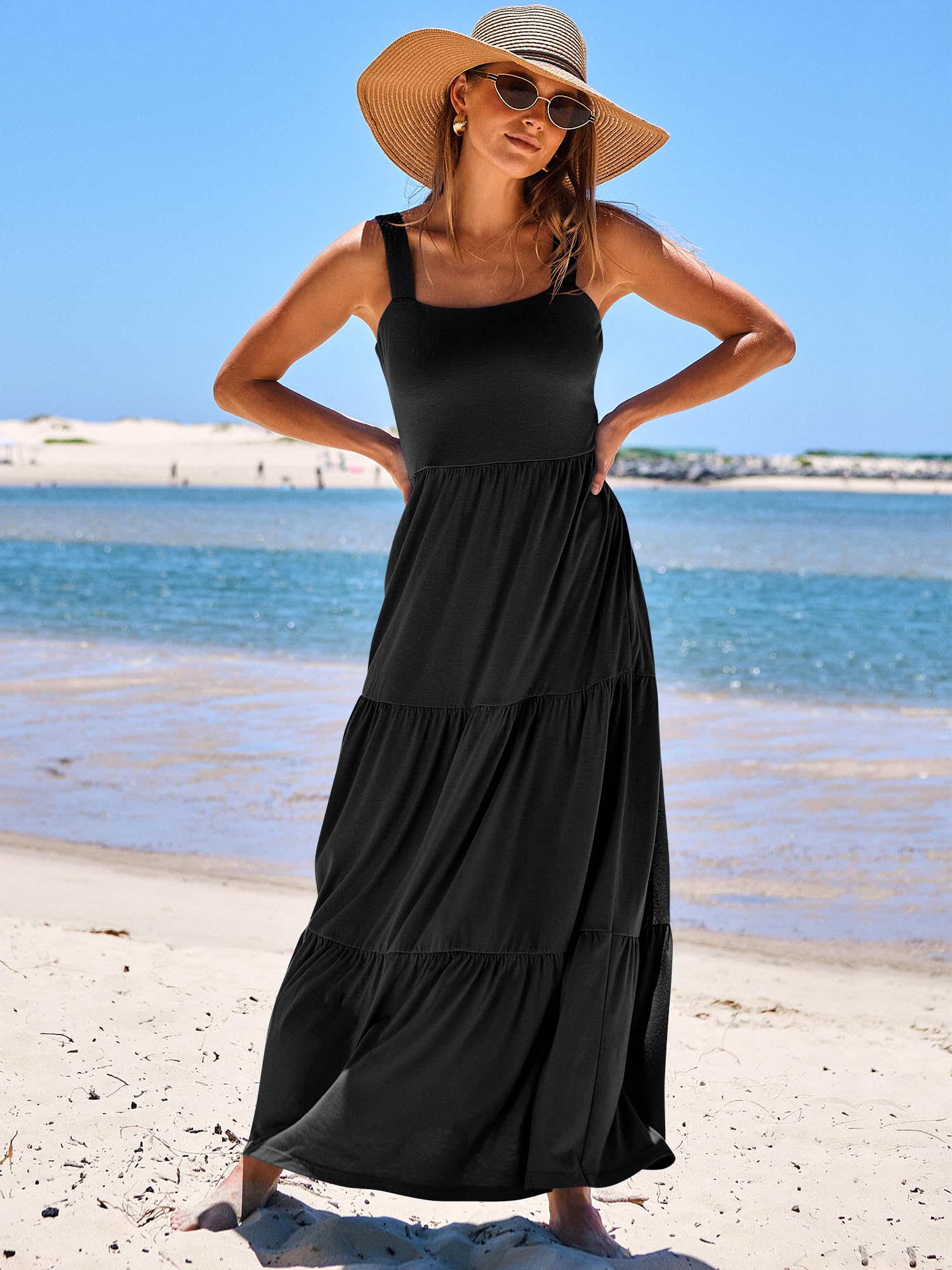 ANRABESS Women's Summer Maxi Dress - Sleeveless Square Neck Flowy Tiered Beach Dress with Pockets | Casual Long Sun Dress for Vacation, Pool Party, and Outdoor Date Night