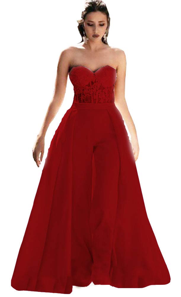 Honeydress Women's Strapless Sweetheart Jumpsuit Prom Dress with Waist Cloak - Elegant Crimson Wedding Guest Outfit for Evening Parties, Bridal Shower & Special Occasions