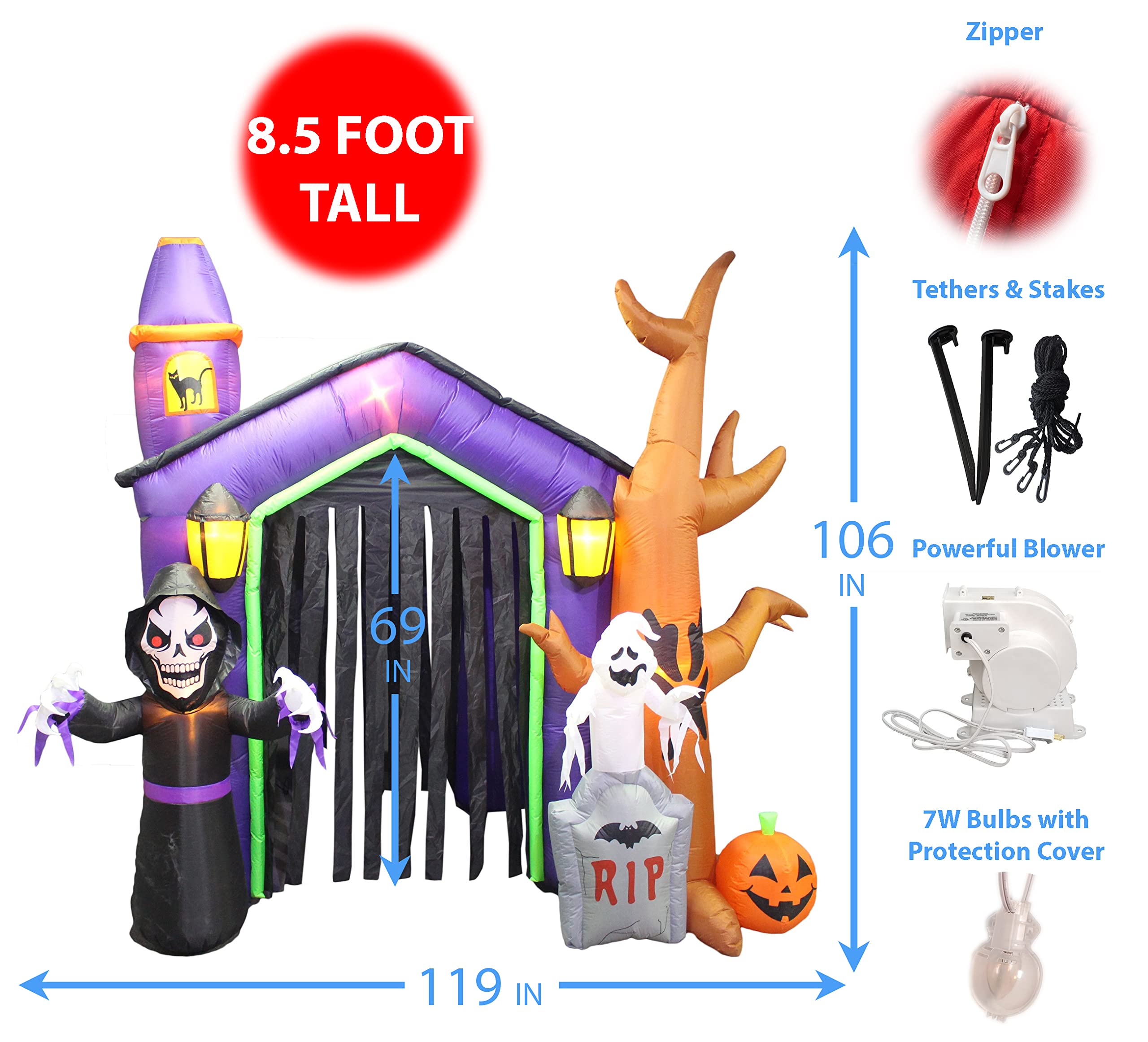 8.5 Foot Halloween Inflatable Haunted House Castle with Skeleton, Ghost, Tree & Pumpkin Lights - Indoor/Outdoor Holiday Decor for Yard, Party & Haunted House Themes - Blow Up Halloween Decoration for Spooky Atmosphere
