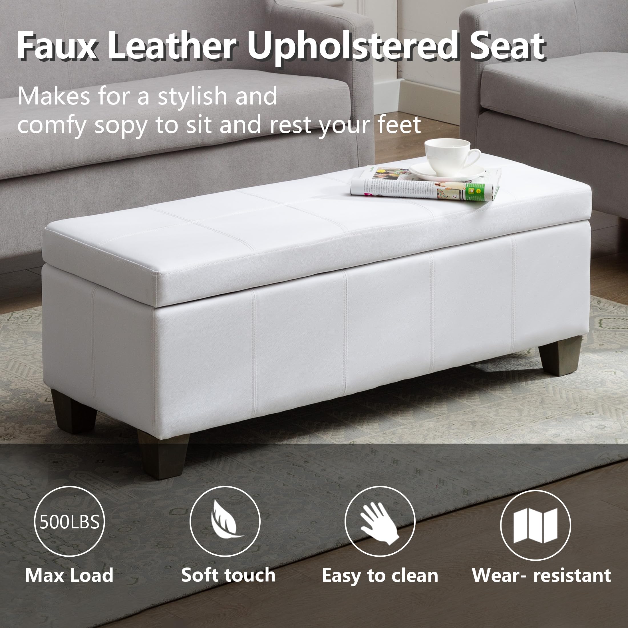 White Faux Leather Storage Ottoman Bench - Extra Long Rectangular Footrest with Hidden Storage | Perfect for Bedroom, Living Room & Entryway Seating and Organization