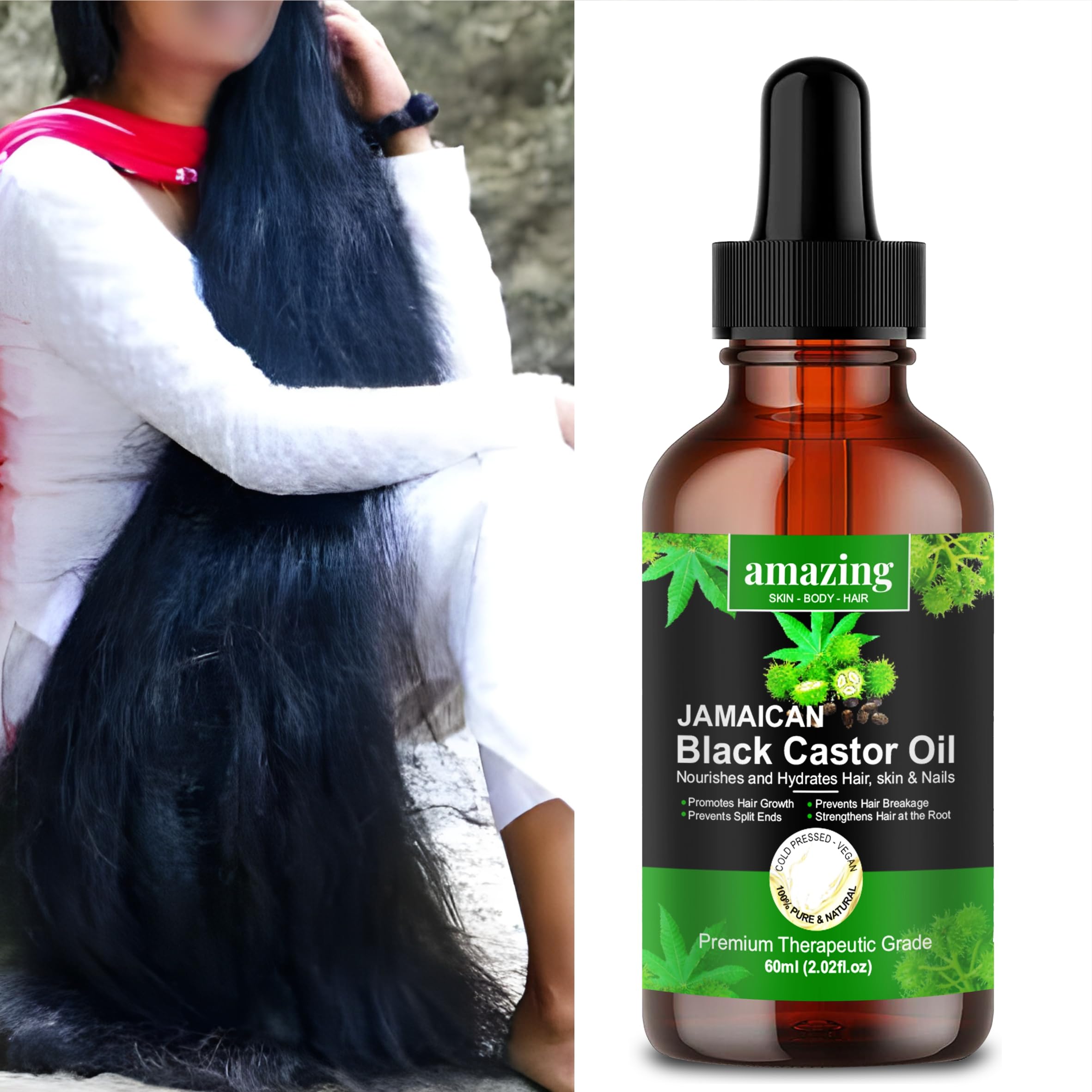 AmazingOrganics 100% Pure Black Jamaican Castor Oil - Unrefined Cold-Pressed for Hair Growth, Skin & Body Care | Natural Moisturizer for Dry Scalp, Eyelashes, Beard & Stretch Marks | Perfect for DIY Beauty Recipes & Massage Therapy