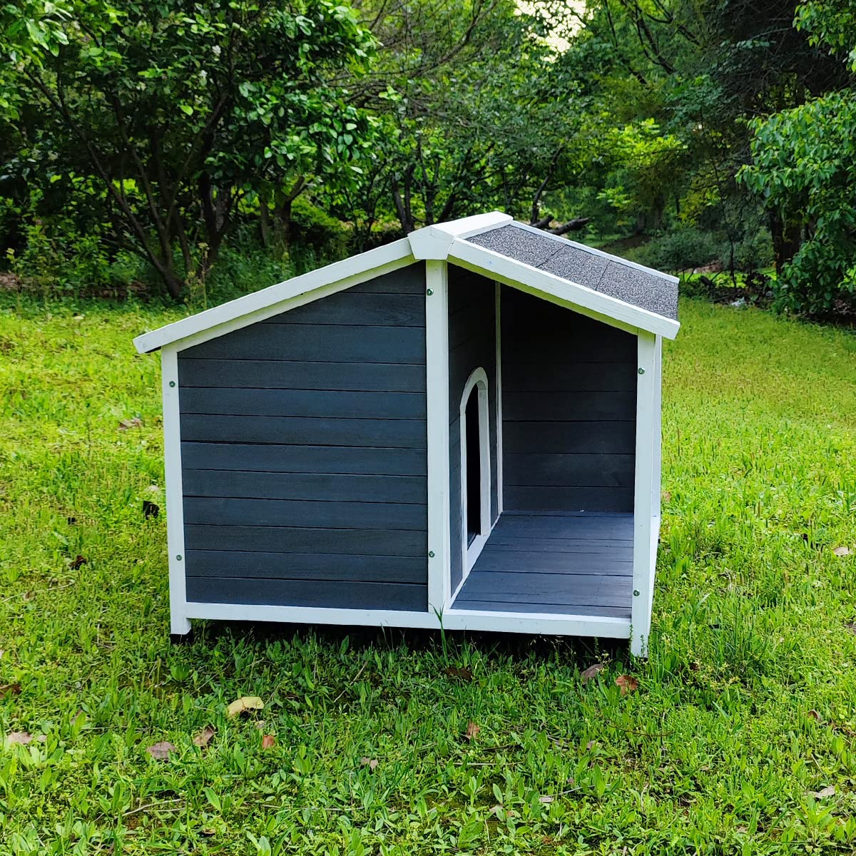 Large Outdoor Wooden Dog House - Waterproof & Windproof Insulated Dog Kennel with Porch Deck - Durable Weatherproof Shelter for Medium to Large Dogs - Perfect for Backyard, Patio, or Garden Use