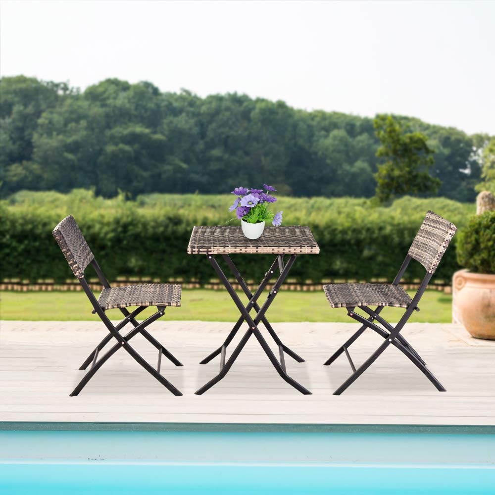 Ochine 3-Piece Rattan Wicker Folding Dining Table Set - Outdoor Patio Furniture for Garden, Backyard, Balcony | Weather-Resistant Bistro Set for Entertaining (Ships from USA)