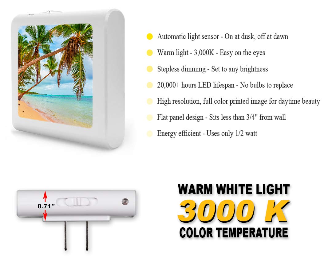 Dimmable LED Night Light with Auto On/Off Sensor - Adjustable Brightness & Warm White Light for Bathroom, Hallway, Nursery, Bedroom - Beach Palm Tree Design - Perfect for Nighttime Safety & Relaxing Ambiance