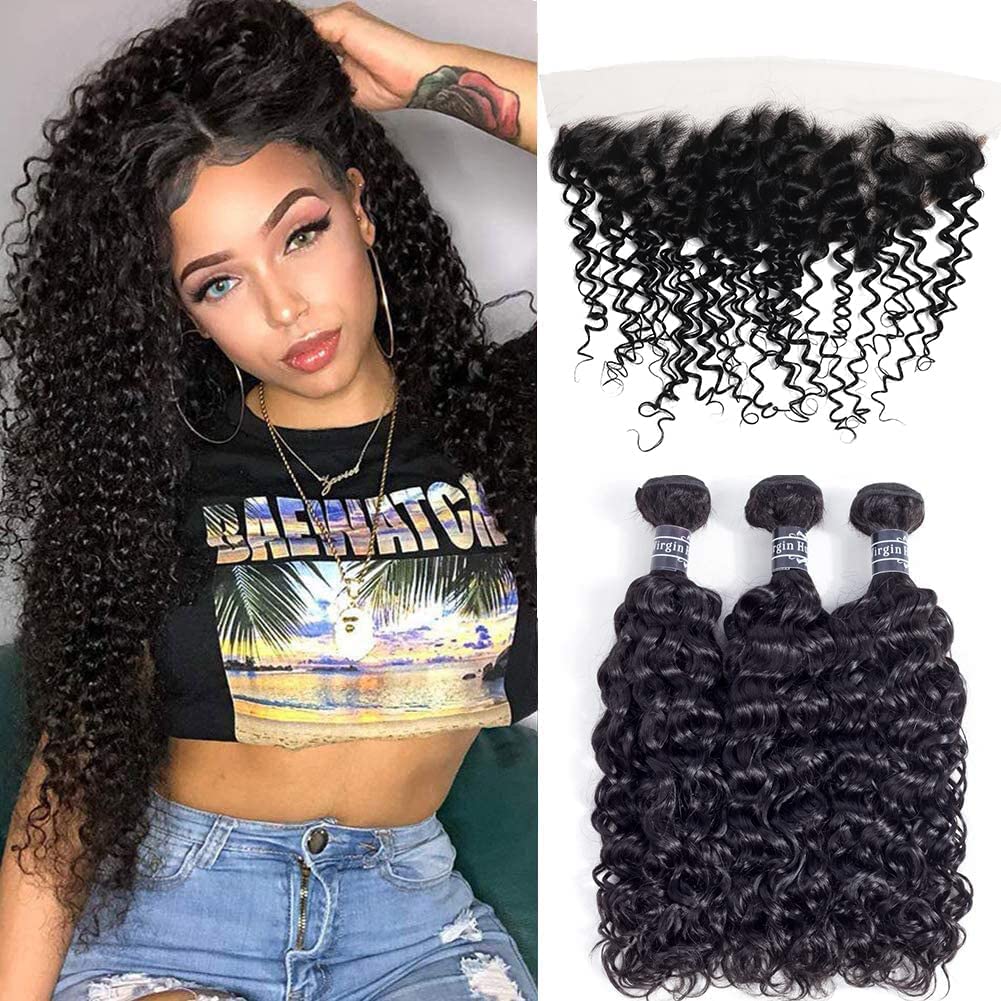 Amella Hair 8A Brazilian Virgin Curly Human Hair Weave - 100% Unprocessed 3 Bundles with Swiss Lace Frontal (14