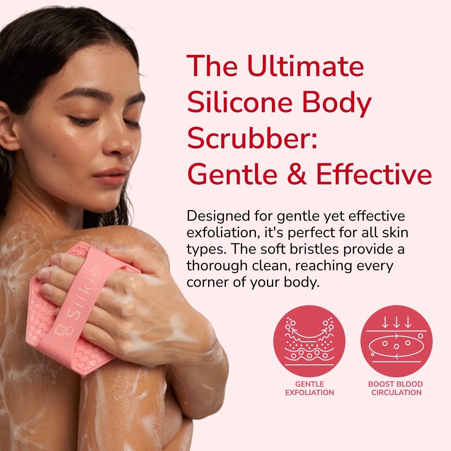 Exfoliating Silicone Body Scrubber - Gentle Bath Brush & Skin Cleansing Sponge for Smooth Skin | Shower Scrubber for Men & Women | Perfect for Daily Exfoliation, Back Cleansing & Spa Treatments - Pink